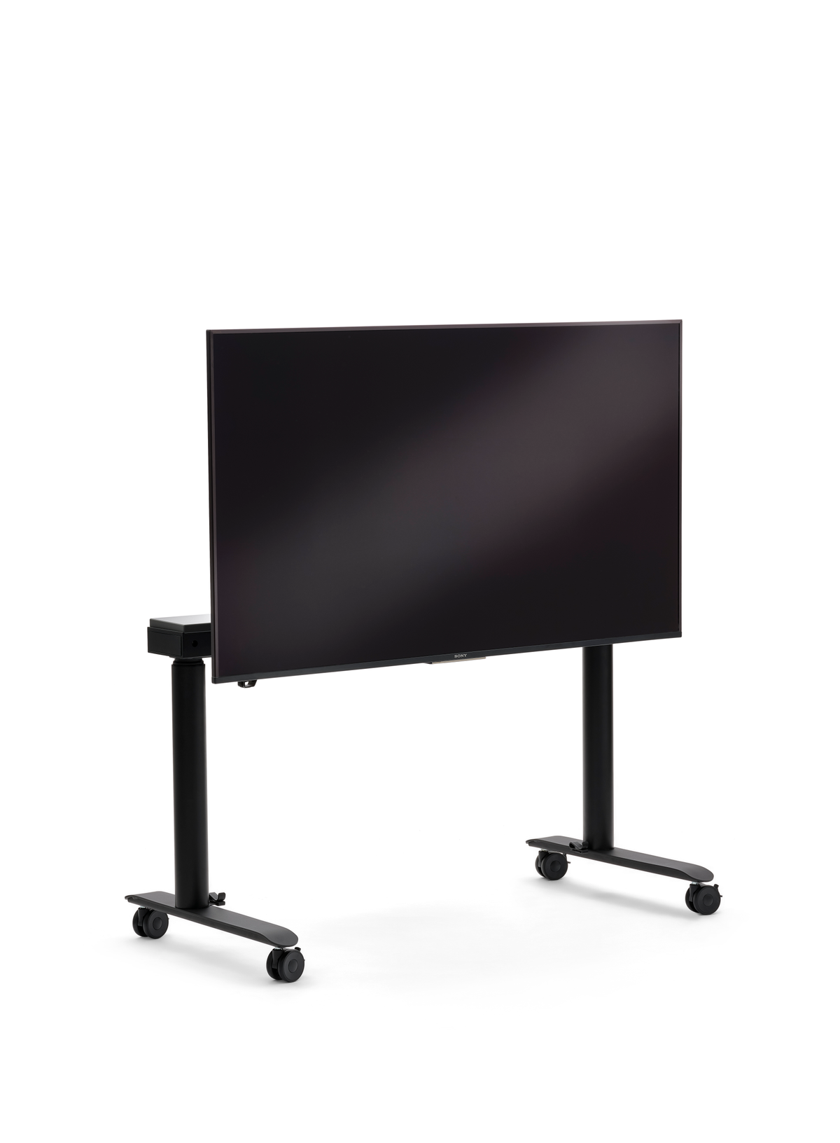 se:lab monitor caddy – Monitor Caddy – Mobiler TV-Ständer mit schwarzem Gestell und Rollen, ausgestattet mit einem grossen Bildschirm.