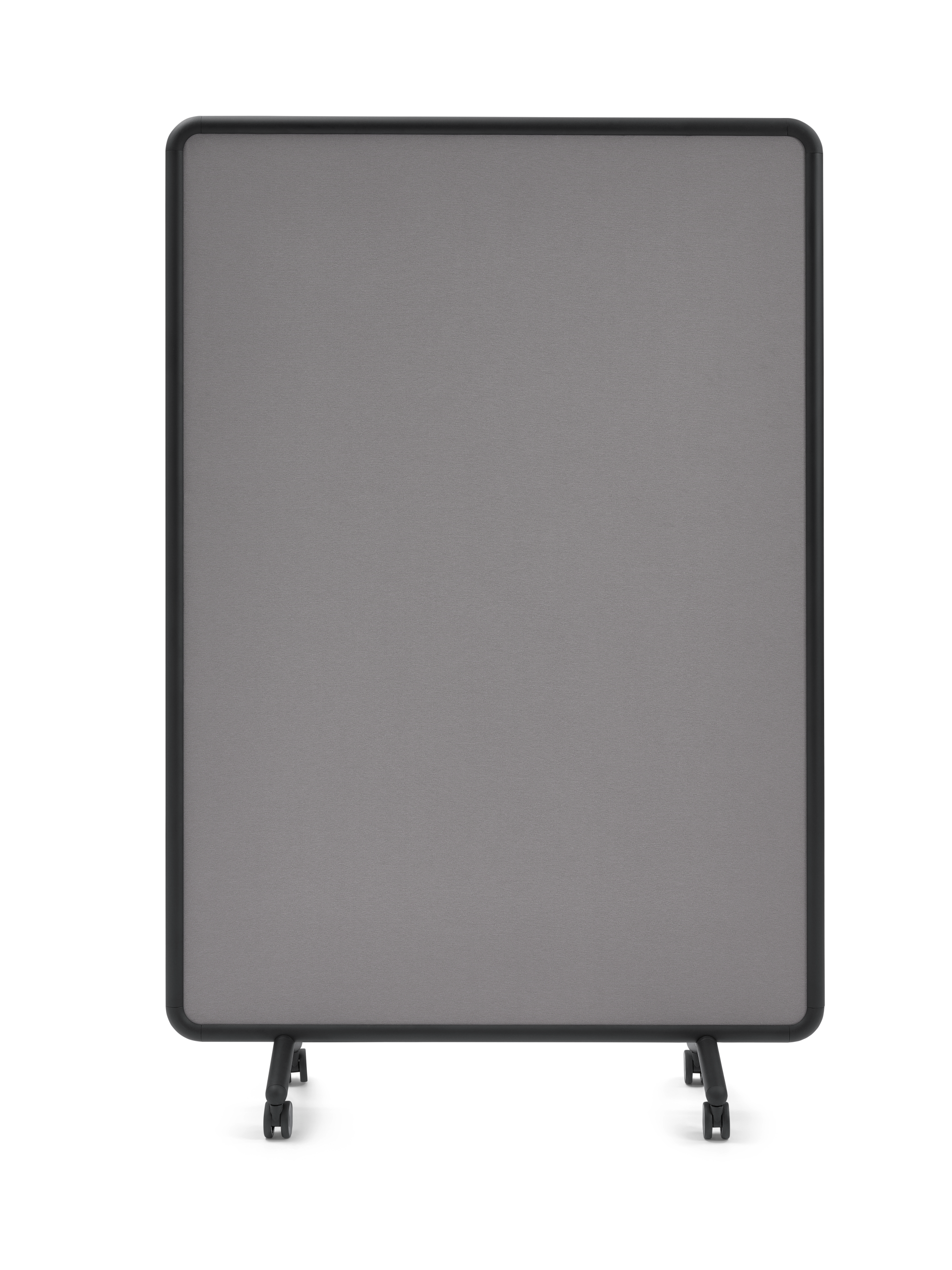 se:lab fabric wall – Mobile Stellwand – Mobiler Raumteiler mit grauer, textiler Oberfläche und schwarzem Kunststoffrahmen, auf Rollen.