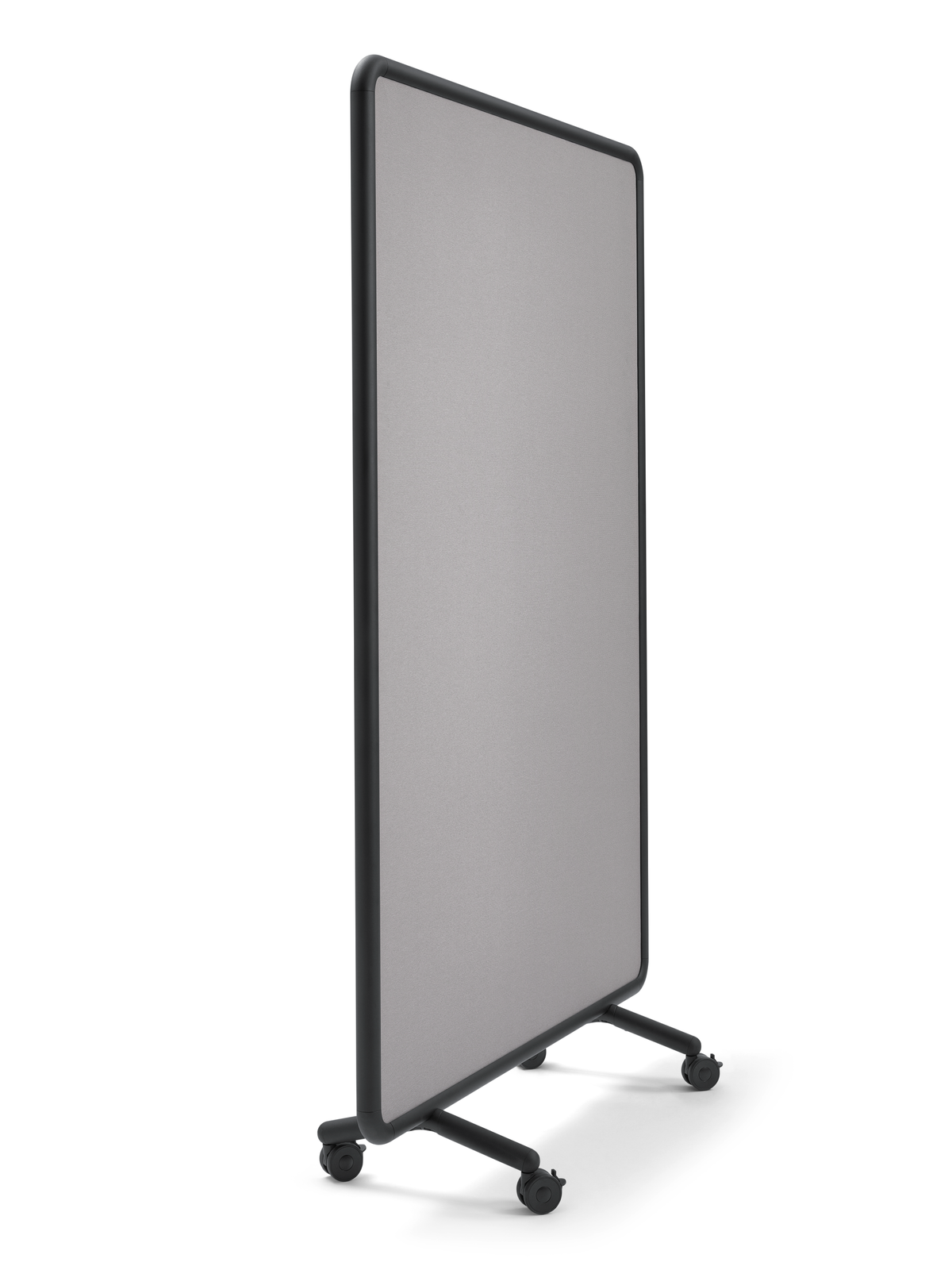 Mobile Stellwand se:lab fabric wall: Mobiler Raumteiler mit grauer Oberfläche und schwarzem Gestell auf Rollen.