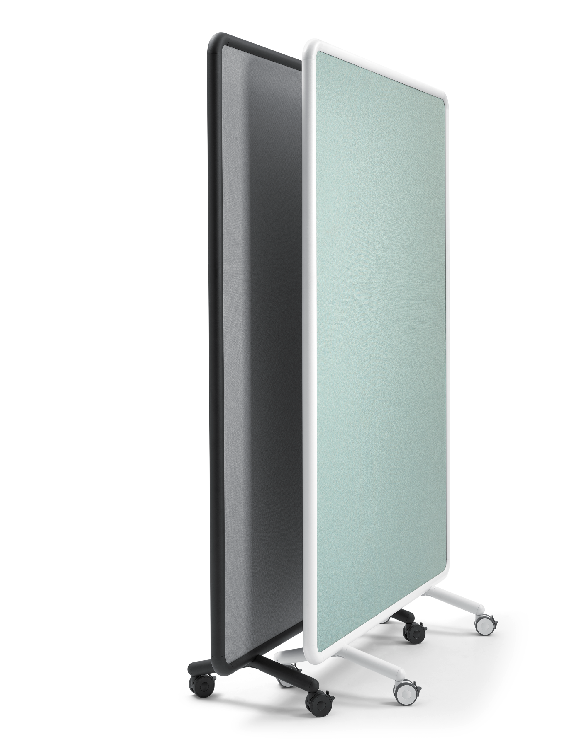 se:lab fabric wall – Mobile Stellwand – Mobile Trennwand mit grauer und mintfarbener Oberfläche, auf Rollen, stabiler Metallrahmen.