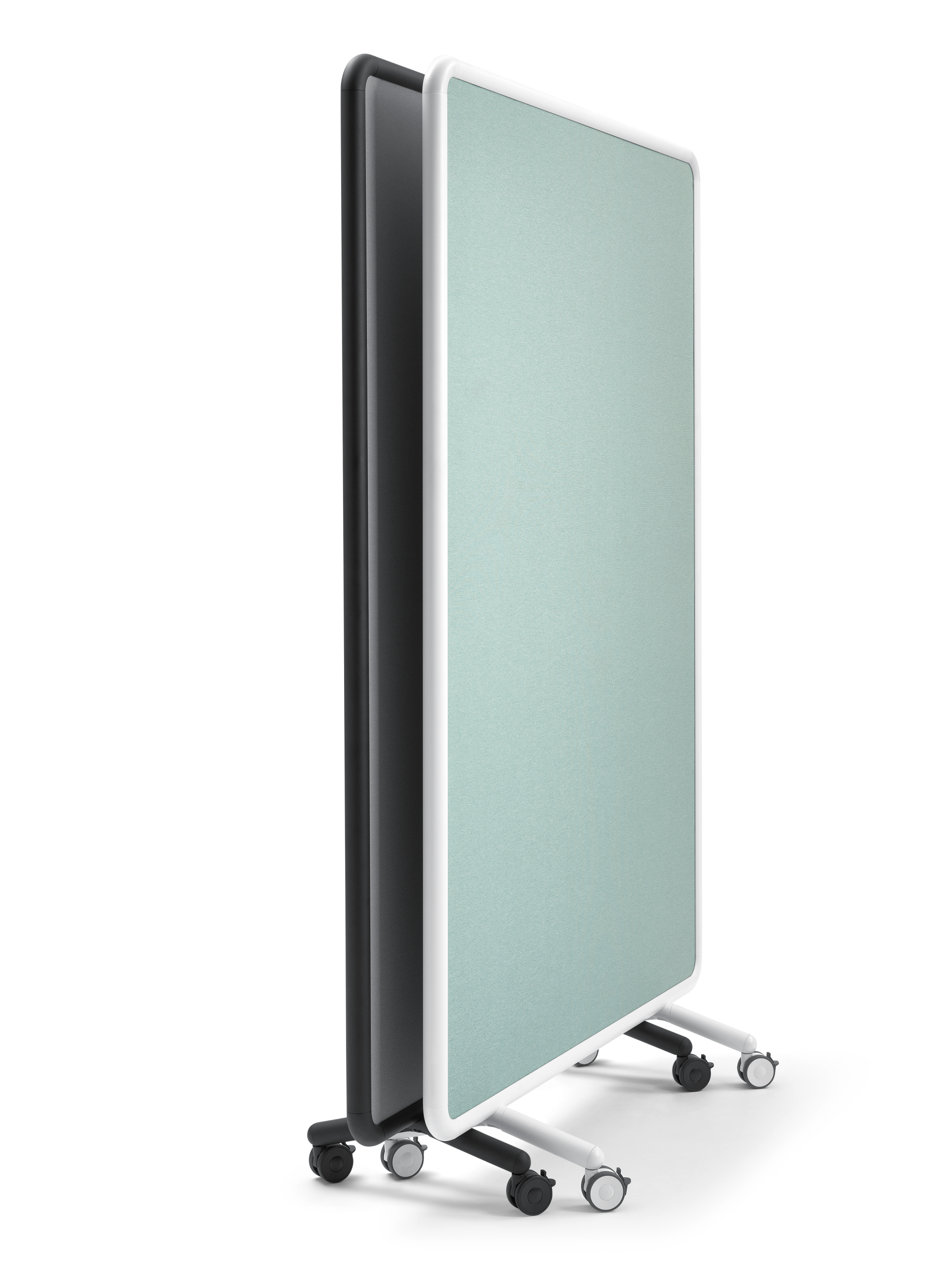 se:lab fabric wall – Mobile Stellwand – Mobile Trennwand in mintgrün und schwarz mit weißen Kanten auf Rollen, für flexible Raumnutzung.