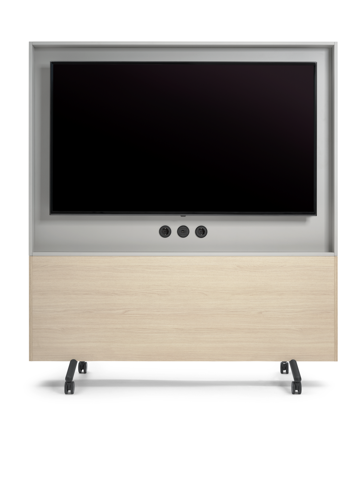 se:lab monitor wall – Monitorwand – Mobiler TV-Ständer mit Holzfront, integrierten Anschlüssen und einem grossen, dunklen Bildschirm.