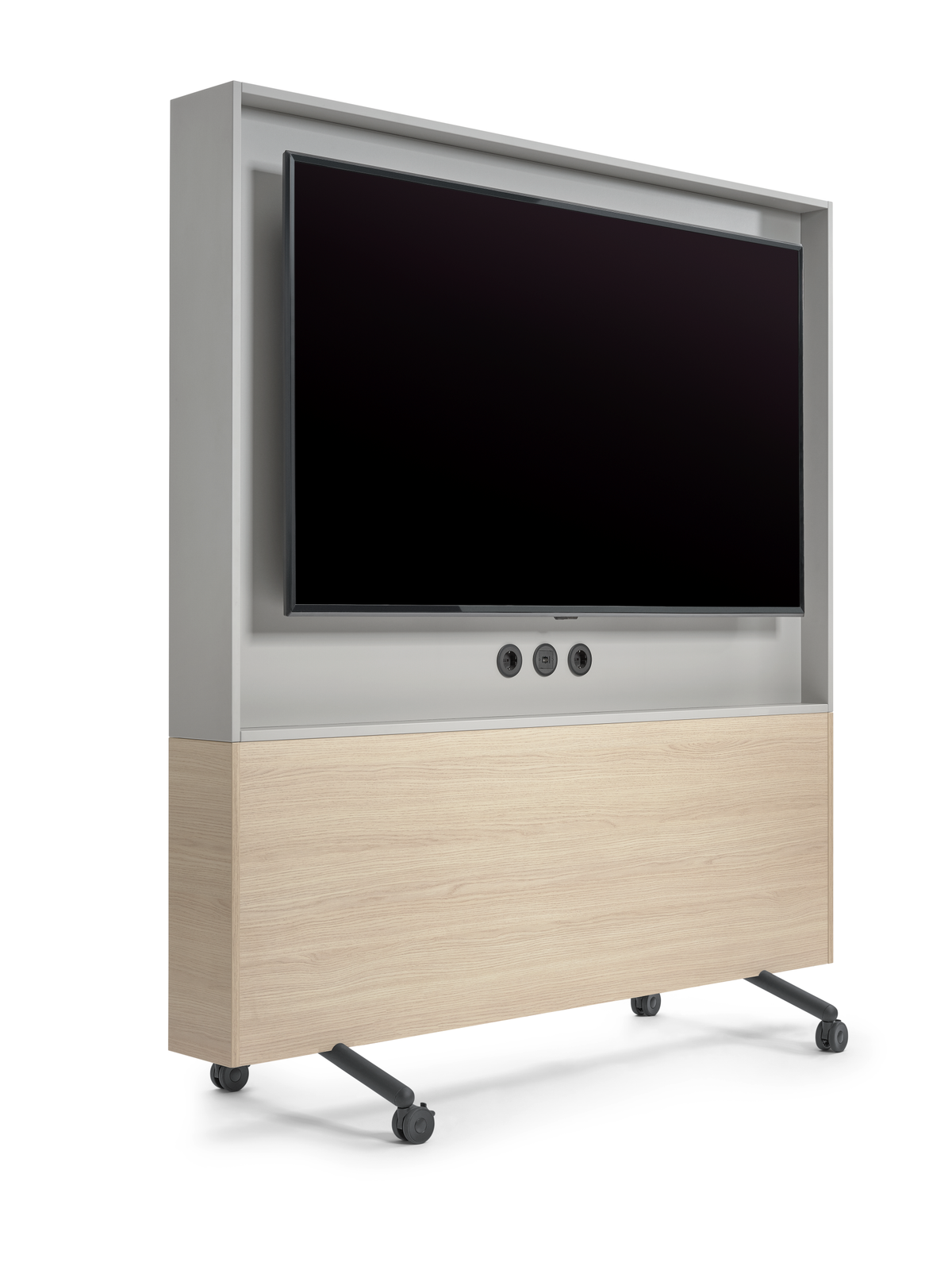 se:lab monitor wall – Monitorwand – Mobiler TV-Ständer mit Holzunterbau und grauem Oberteil, inklusive Steckdosen und kabelorganisierenden Öffnungen.