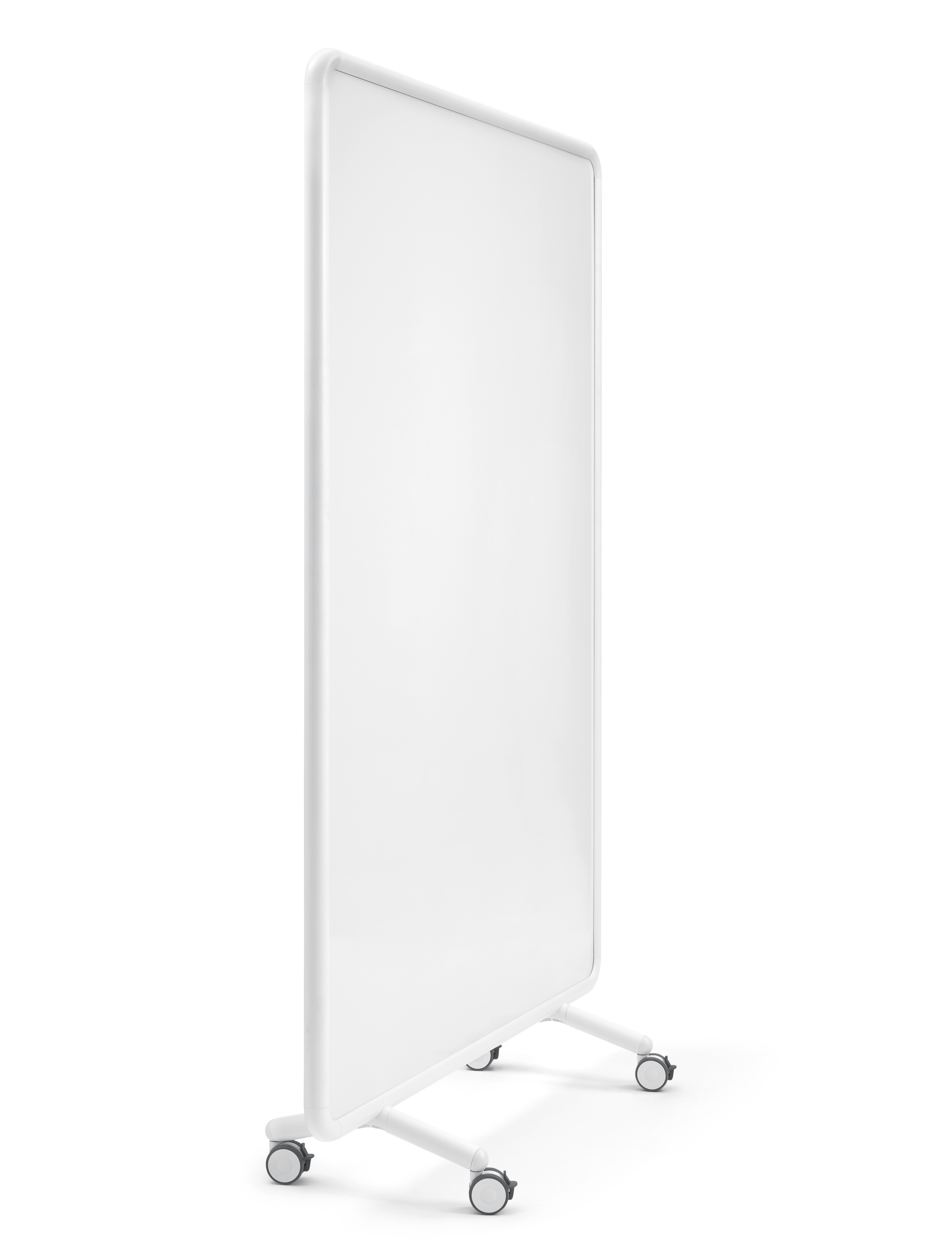se:lab pin & write – Mobile Stellwände – Whiteboard-Rollwand mit weissem Rahmen, schräg von der Seite.