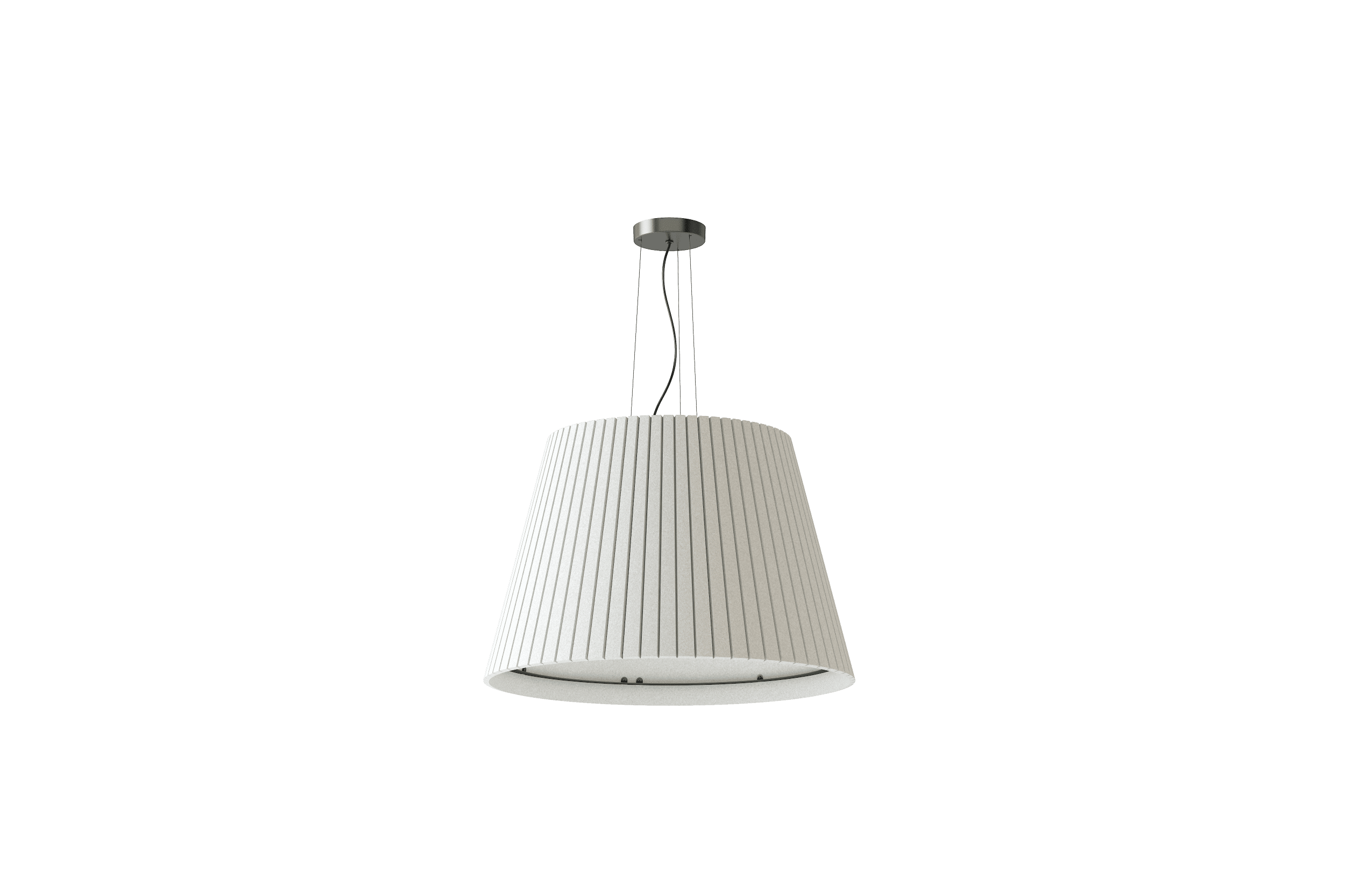Akustische Pendelleuchte Spark – Akustische Beleuchtung – Hängelampe mit geriffeltem, weißem Schirm und silberner Deckenhalterung.