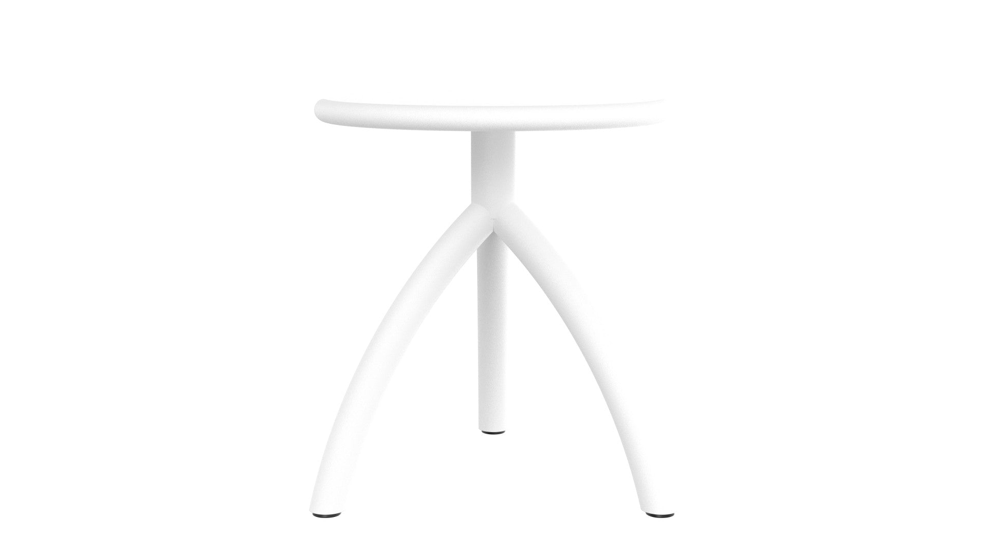Stool – Hocker – Weißer Hocker mit drei geschwungenen Beinen und runder Sitzfläche, auf neutralem Hintergrund.