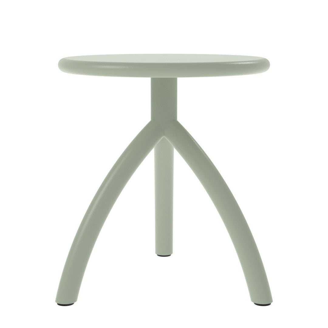Stool – Hocker – Runder Beistelltisch in mintgrün mit drei geschwungenen Beinen aus Metall.
