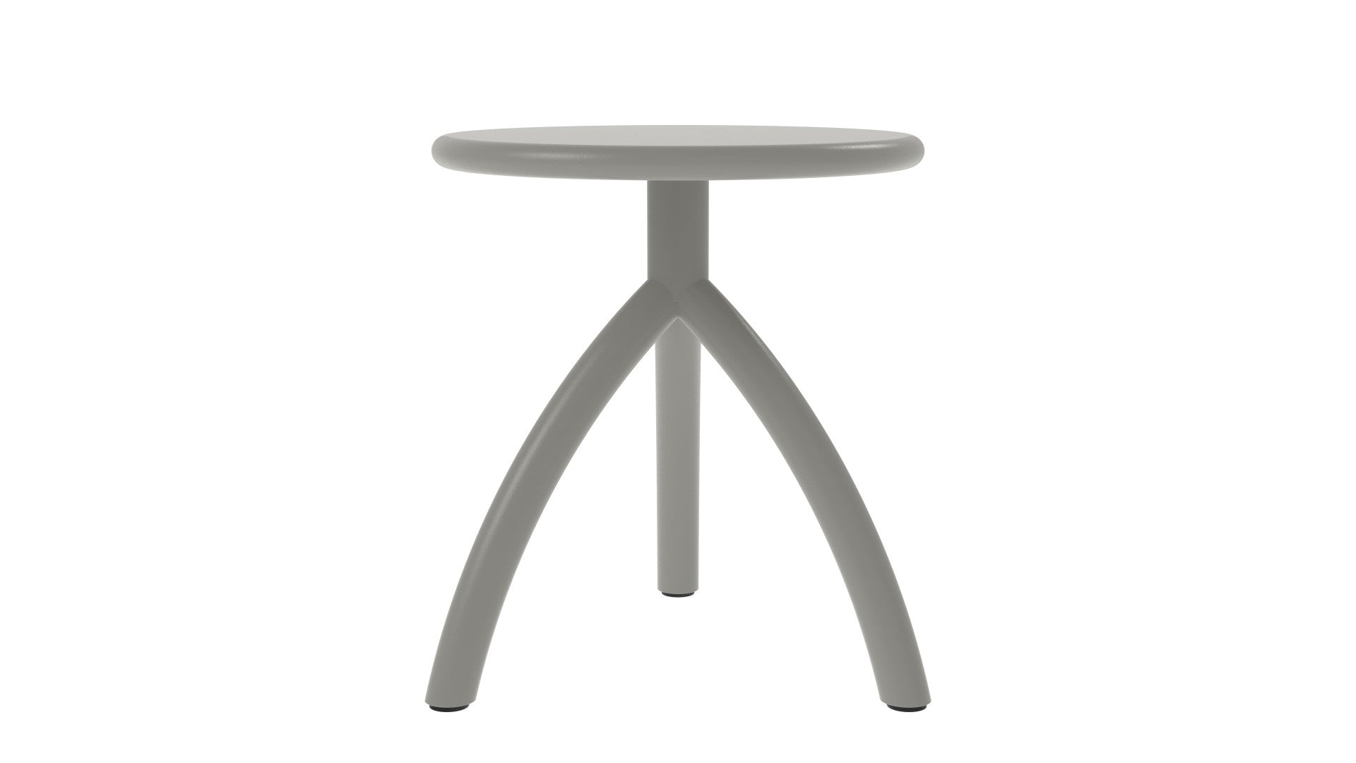 Stool – Hocker – Grauer Hocker mit runder Sitzfläche und dreibeinigem Gestell aus Kunststoff.