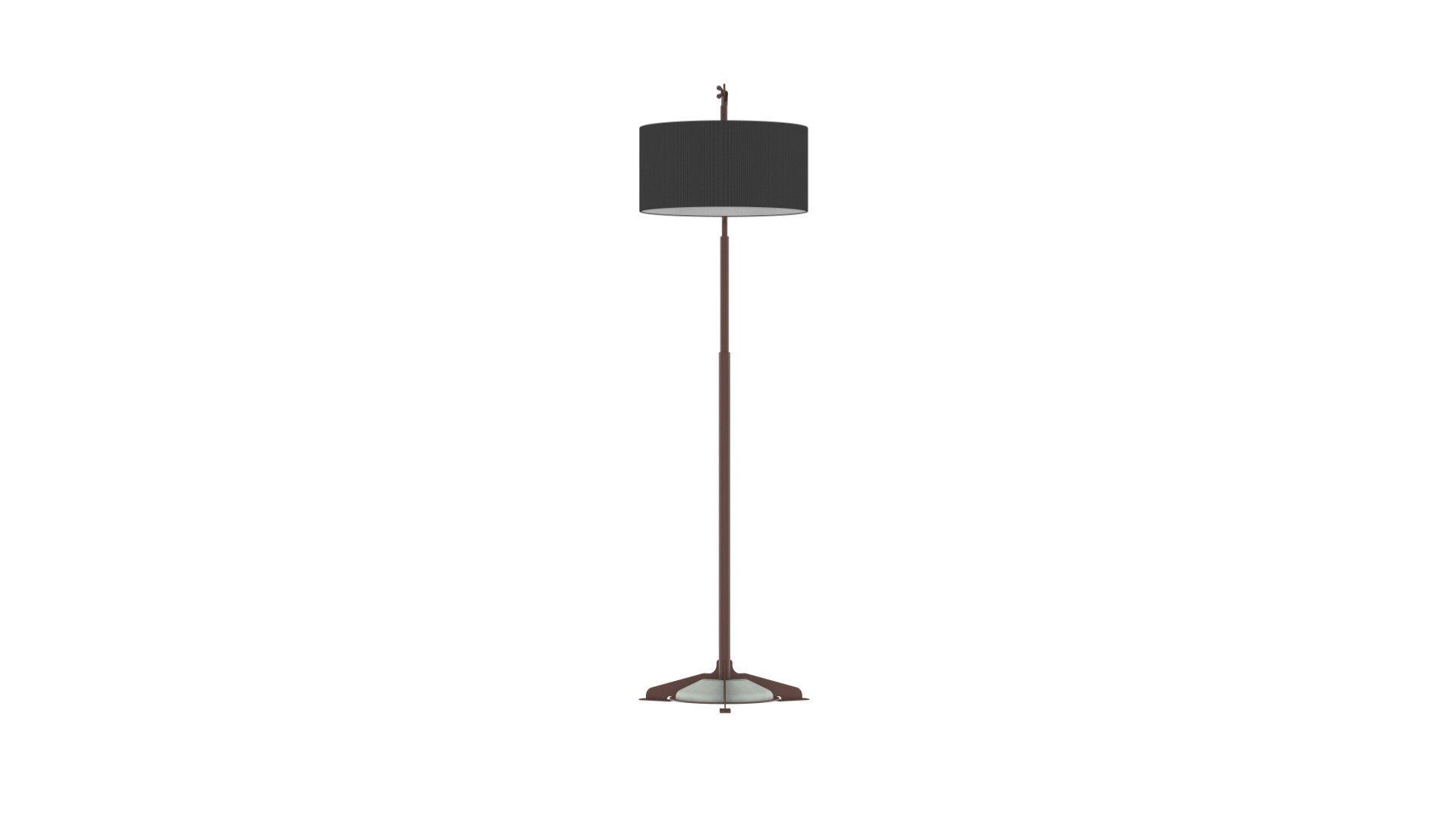 Swivel floor | Stehleuchte – Stehleuchte – Stehlampe mit schwarzem Lampenschirm und braunem Gestell, auf einem stabilen Fuß.