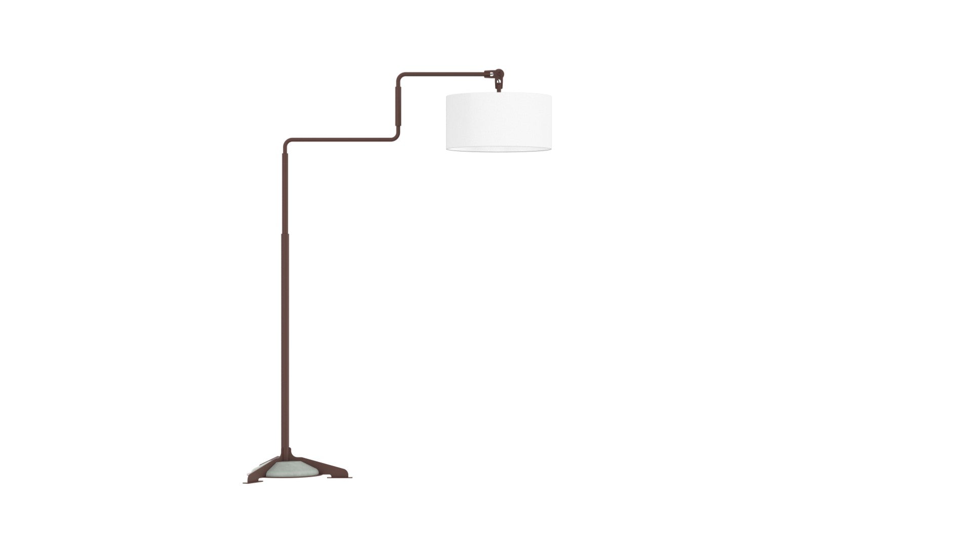 Swivel floor | Stehleuchte – Stehleuchte – Stehlampe mit braunem Gestell und weißem Lampschirm in runder Form, stabiler Fuß mit drei Abstützungen.