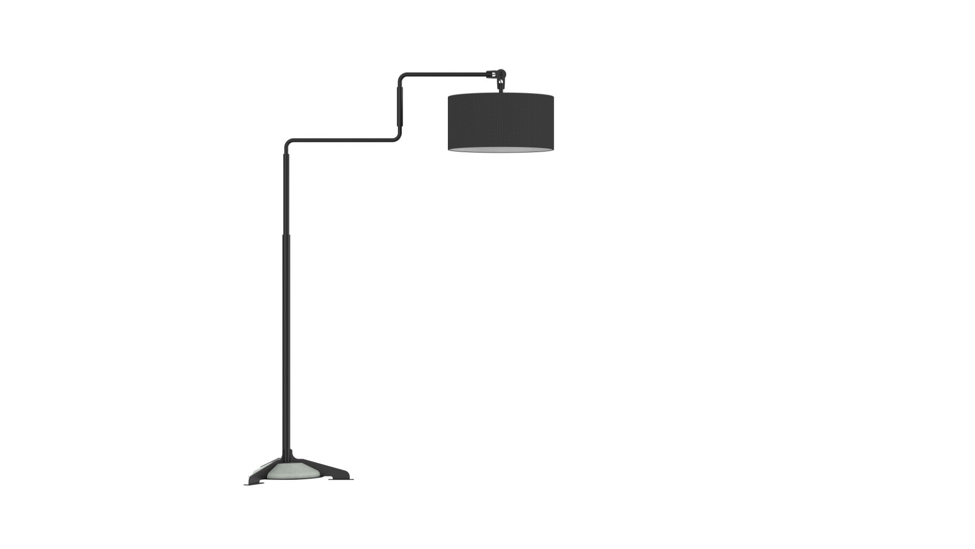 Swivel floor | Stehleuchte – Stehleuchte – Stehlampe mit schwarzem Lampenschirm und verstellbarem Arm auf einem stabilen, dreieckigen Fuß.