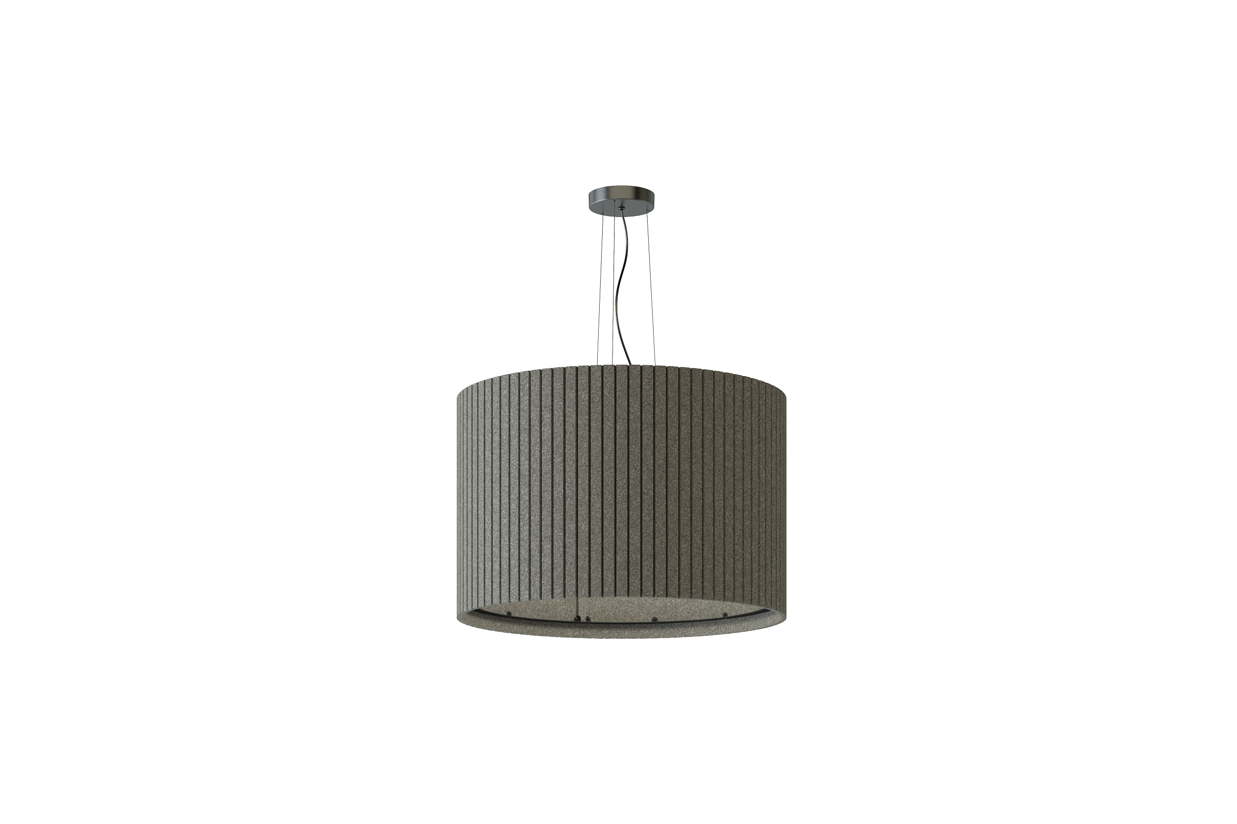 Akustikleuchte Umbra Round – Akustische Beleuchtung – Pendelleuchte in runder Form mit strukturiertem grauen Lampenschirm aus Stoff, aufgehängt an einem metallischen Baldachin.