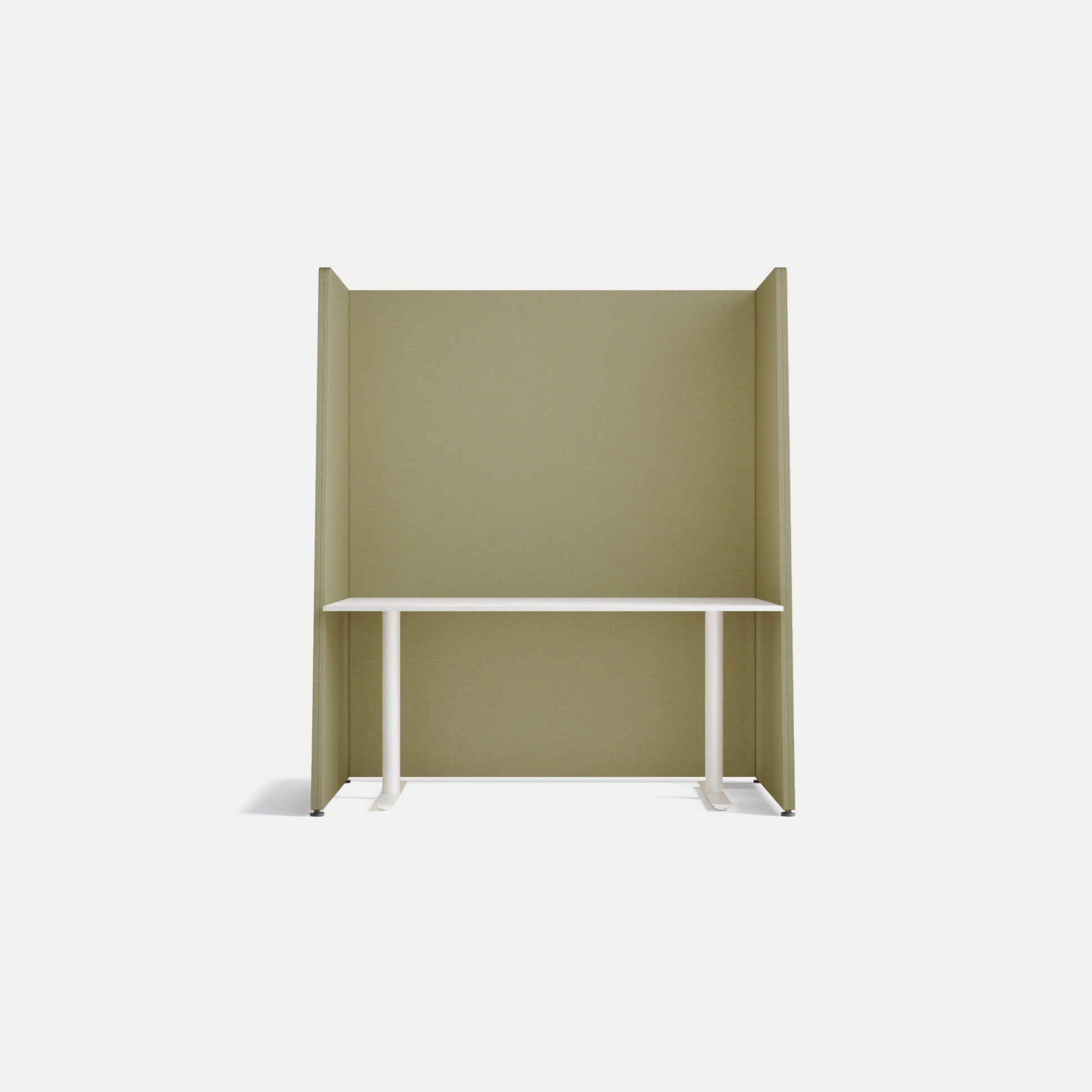 Raumteiler in sanftem Olivgrün, Frontansicht, schafft ruhige Arbeitsnischen.