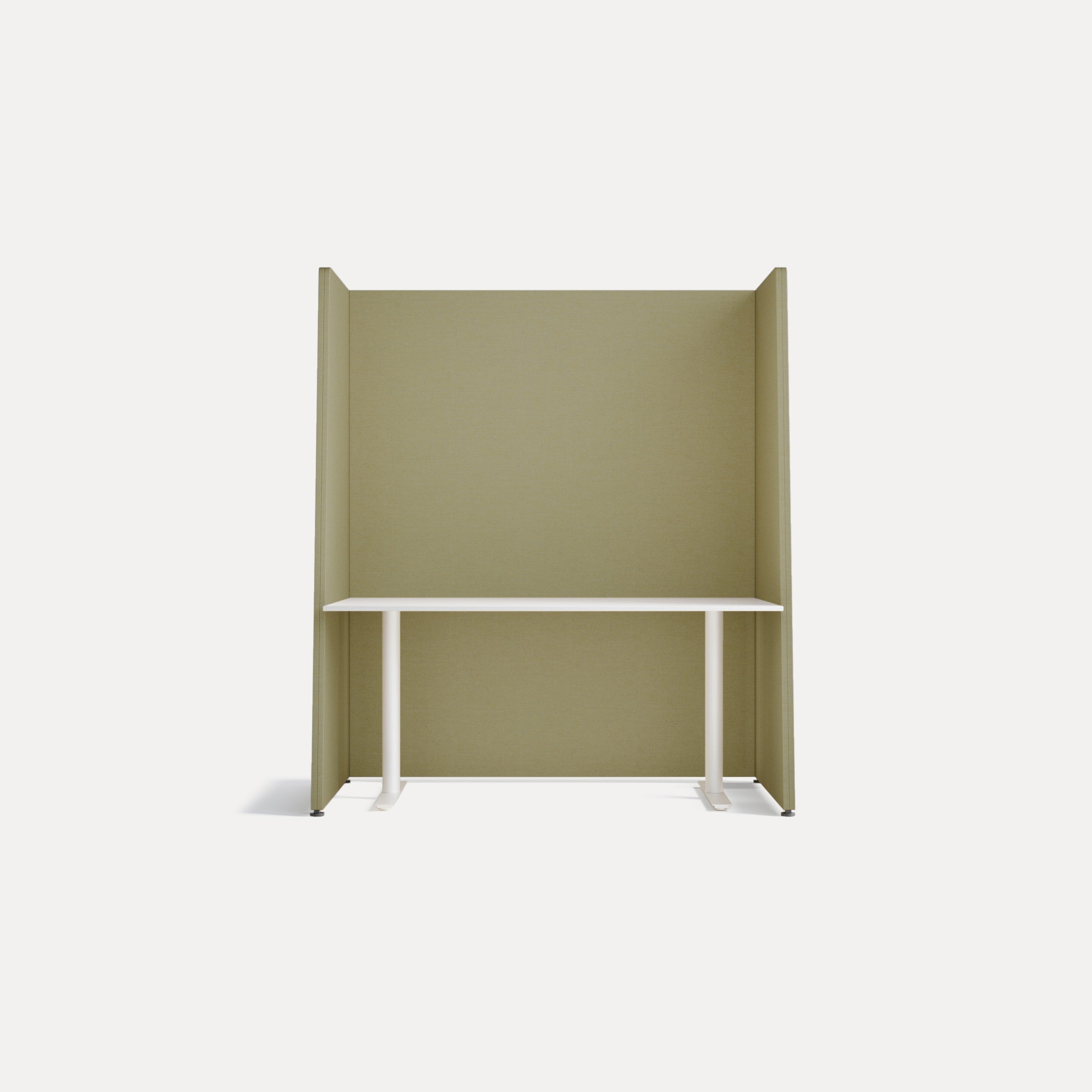 Raumteiler in sanftem Olivgrün, Frontansicht, schafft ruhige Arbeitsnischen.