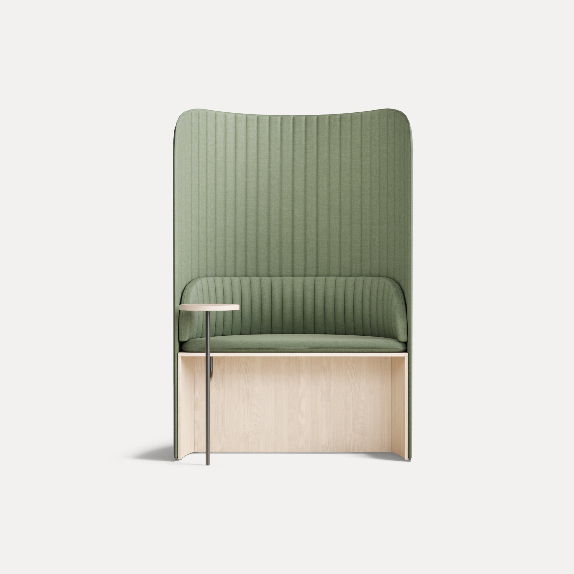 Focus Pod – Akustische Loungemöbel – Grüne gepolsterte Sitzbank mit hohen Seitenwänden, integrierter Tischplatte und Untergestell aus hellem Holz.