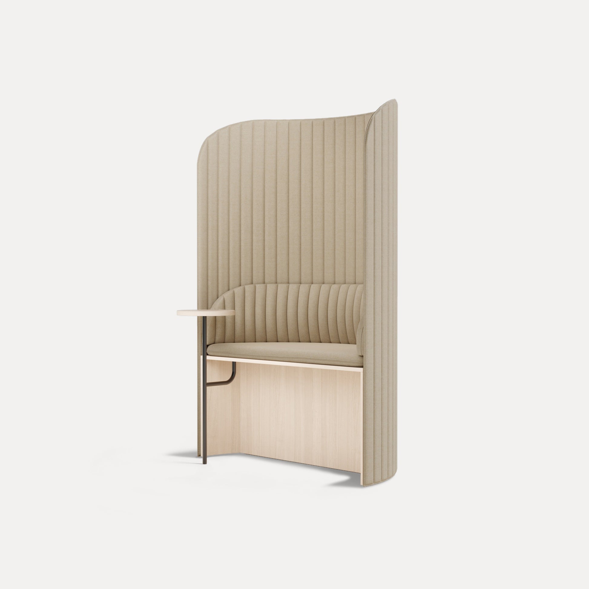 Focus Pod – Akustische Loungemöbel – Stilvolle Sitzbank mit hohen gepolsterten Rückwänden in Beige und integriertem Tisch aus Holz.