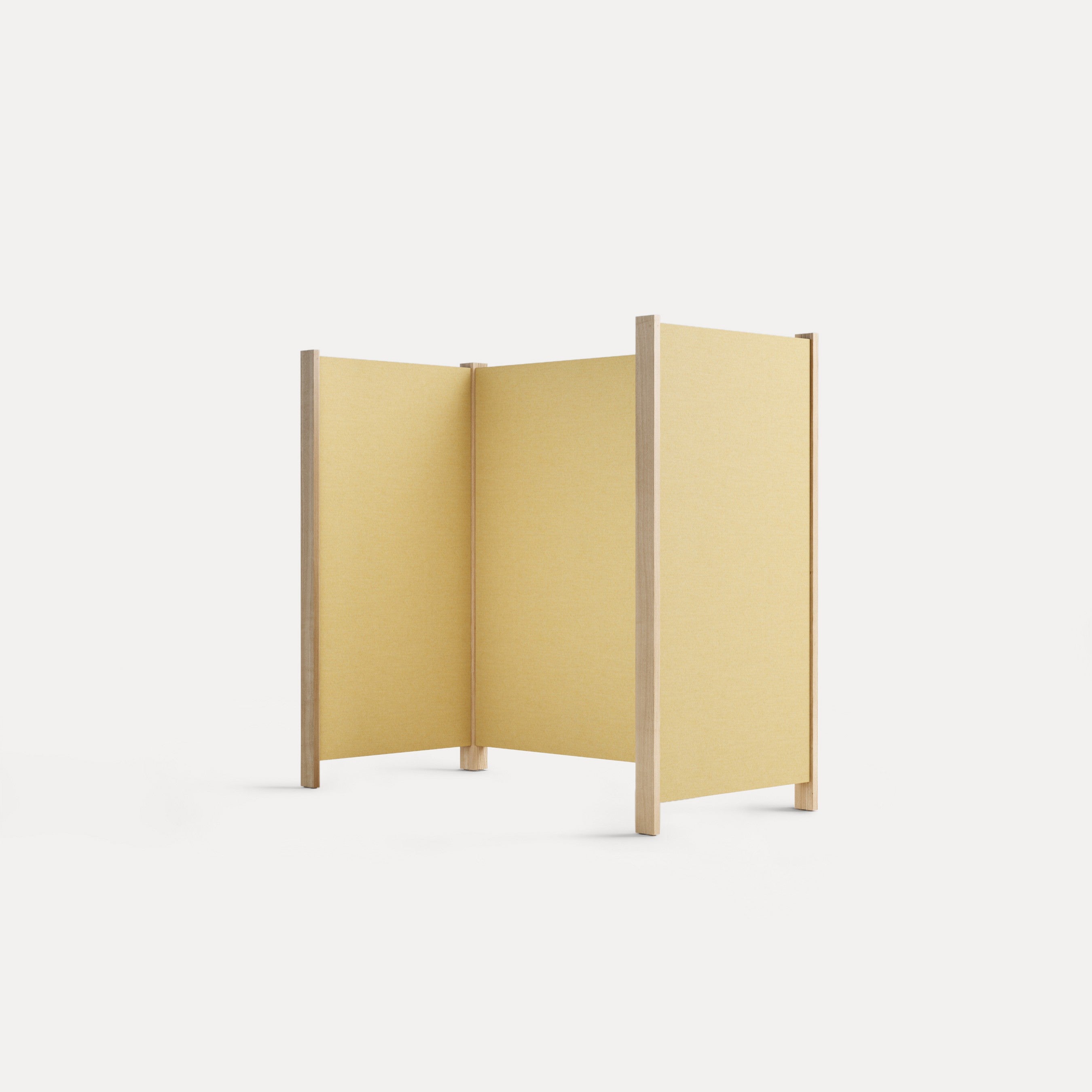 Kyoto – Stellwände – Trennwand in Gelb mit Holzrahmen, drei Paneelen, geeignet für Büroumgebungen.