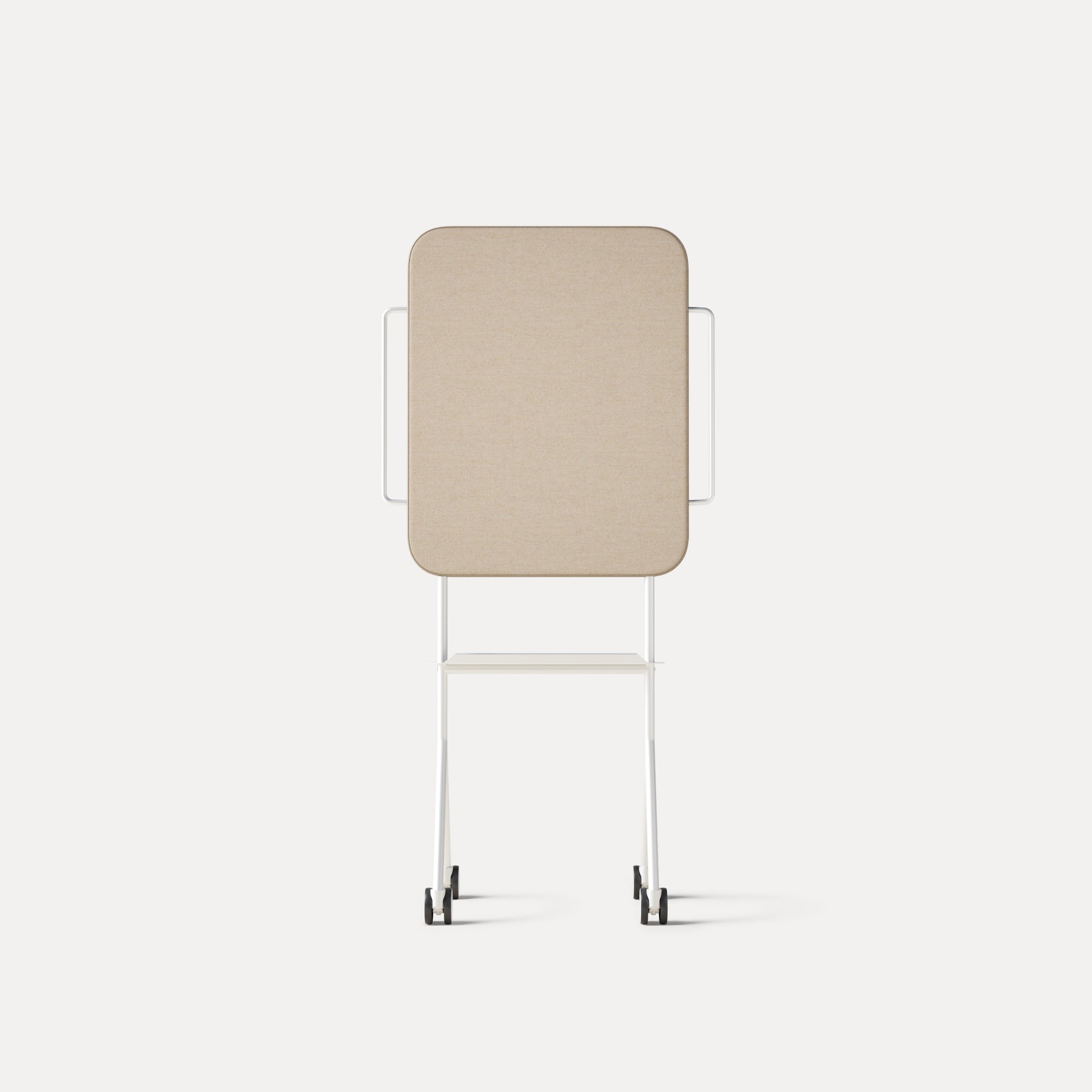 Mezzo – Mobile Stellwand – Mobiler Trennwand mit beiger, textiler Oberfläche und weißem Gestell. Untergestell auf Rollen.