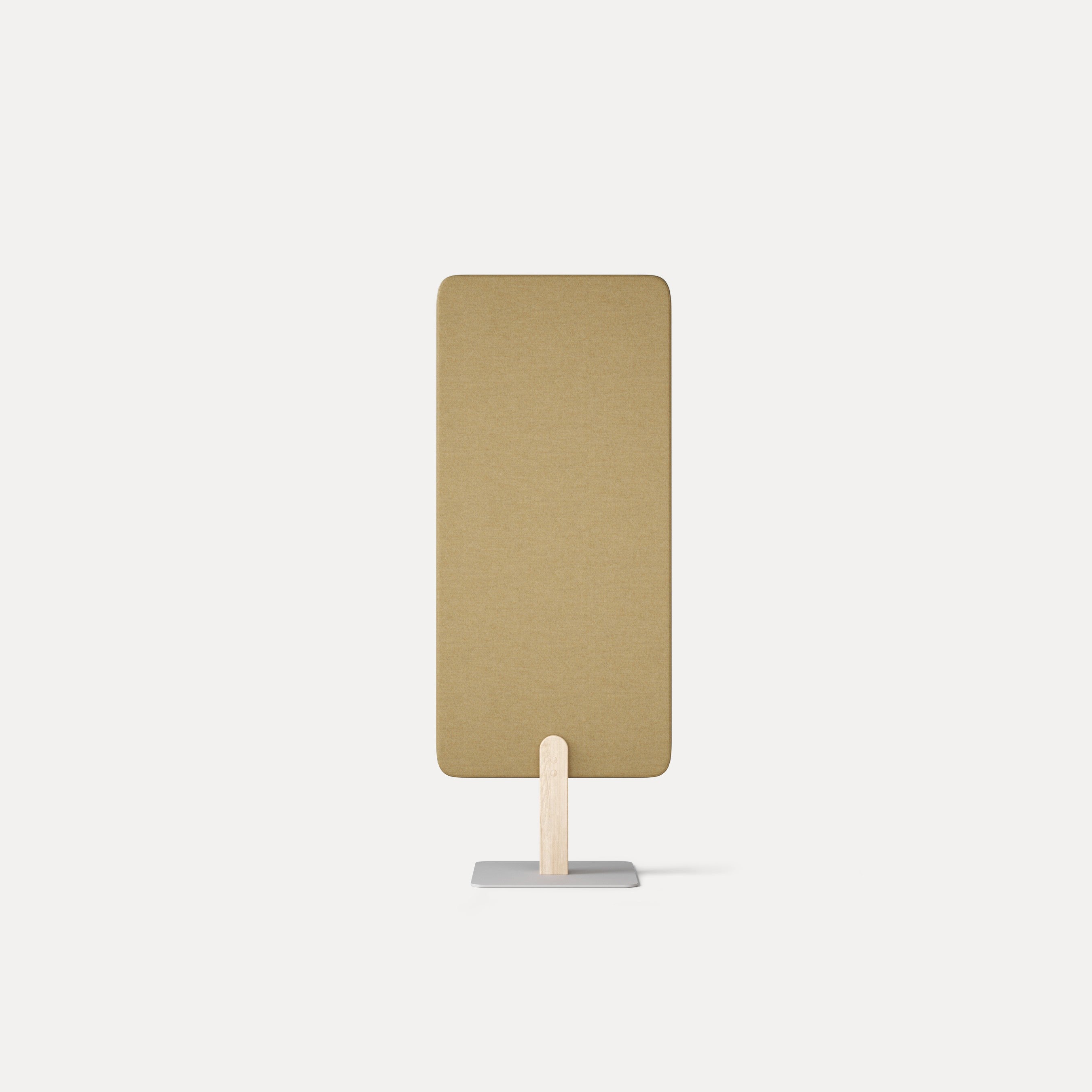 Skog – Stellwände – Akustikpaneel in beige mit Holzbasis und silberner Metallplatte, stehend auf weißem Hintergrund.