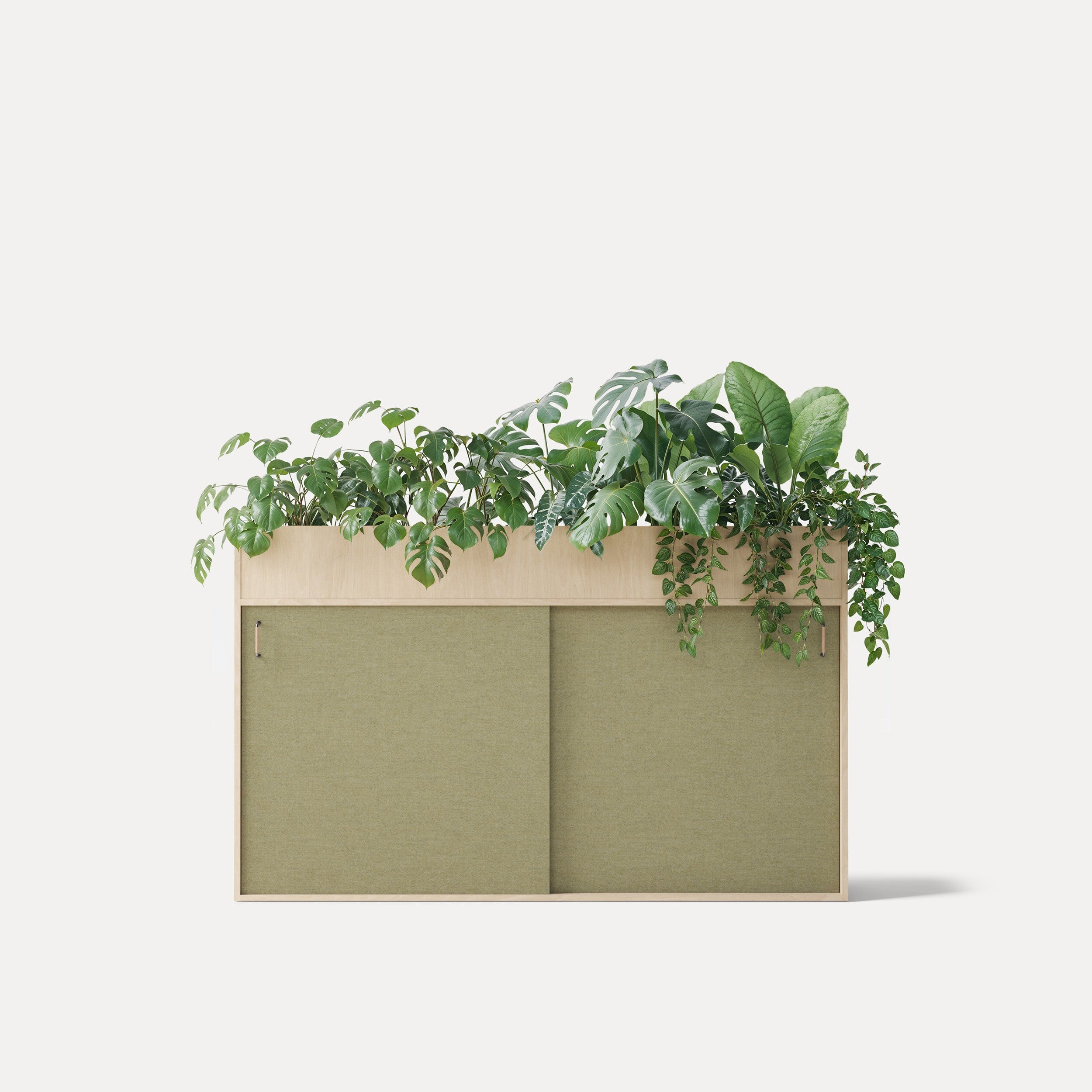 Zorla Storage – Schallabsorbierender Stauraum – Büromöbel mit Pflanzen, helles Holz, zwei grüne Schiebetüren, bepflanzt mit verschiedenen grünen Pflanzen.