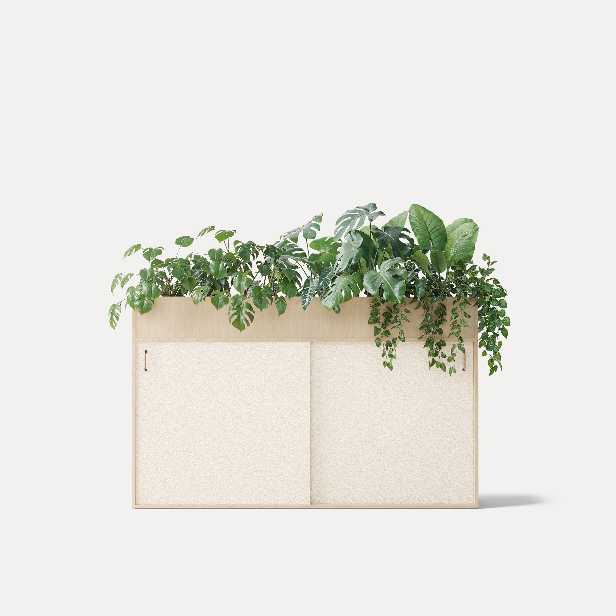 Zorla Storage – Schallabsorbierender Stauraum – Modulares Pflanzenregal aus hellem Holz mit zwei vertikalen Türen und üppigen Grünpflanzen oben.