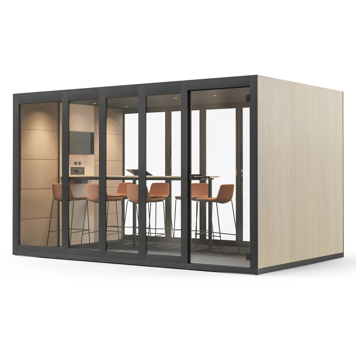 Silent Room XL | Meetingbox – Meetingbox – Moderne Besprechungsbox mit grossen Fenstern, Holzwänden und Barhockern in Orange. Stehtisch im Inneren.