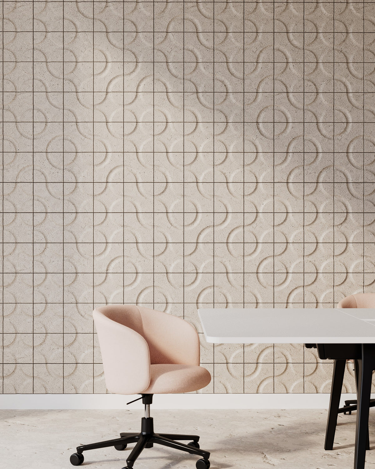Truchet Wandfliesen Type A und Type F von Impact Acoustic, Wand mit Stuhl aus der Nähe