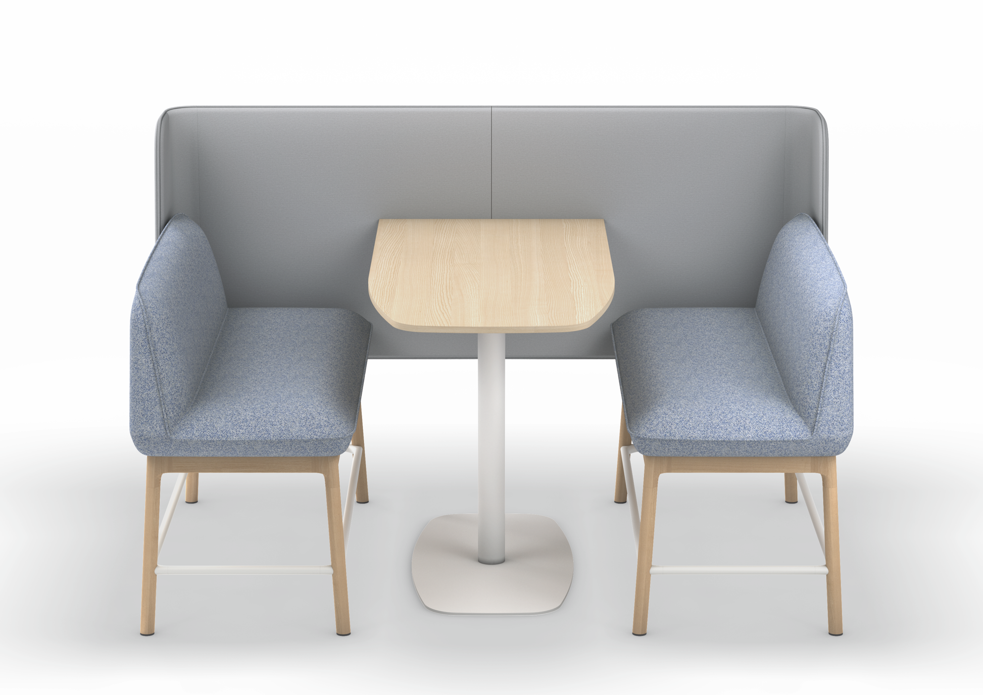 se:café bench – Bench – Sitzgruppe mit zwei blauen Polstersofas und einem hellen Tisch, durch graue Trennwand voneinander abgegrenzt.