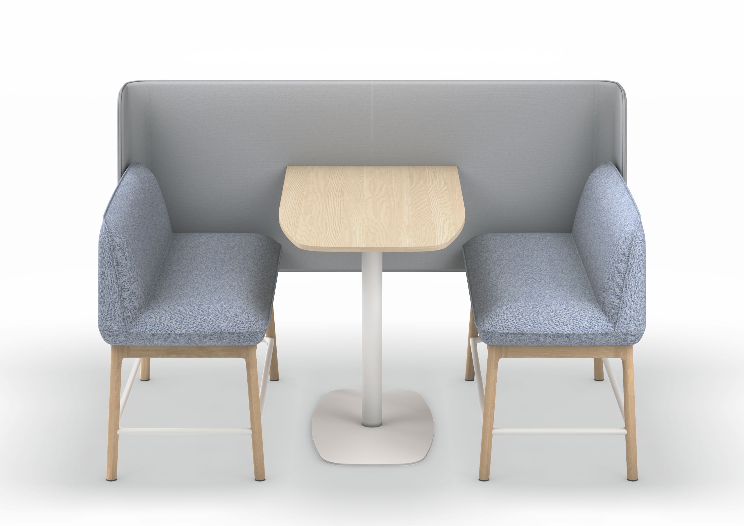 se:café bench – Bench – Sitzgruppe mit zwei blauen Polstersofas und einem hellen Tisch, durch graue Trennwand voneinander abgegrenzt.