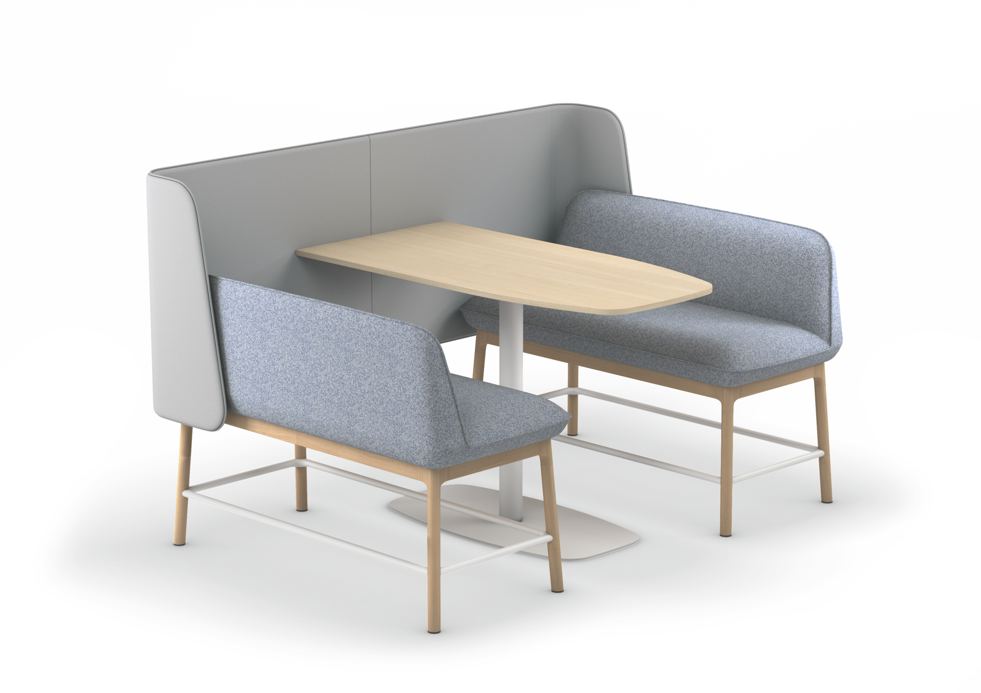 se:café bench – Bench – Sitzgruppe mit zwei gepolsterten Bänken in Grau und Holzgestell sowie ovalem Tisch aus hellen Holz.