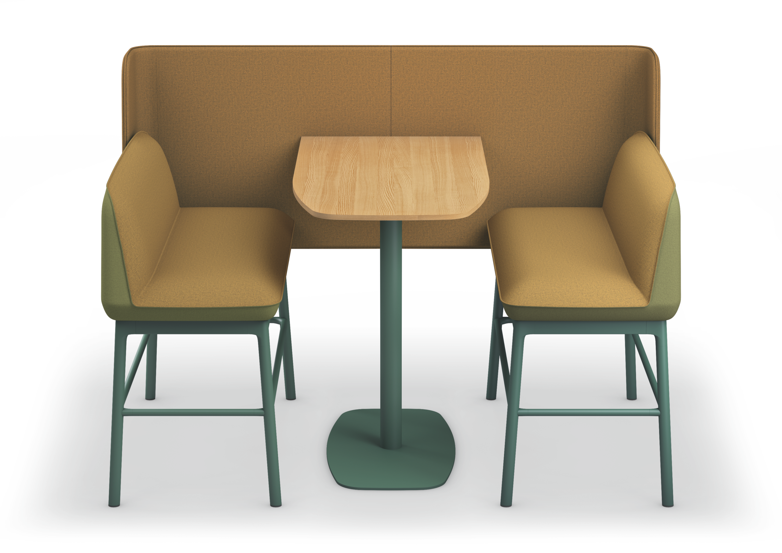 se:café bench – Bench – Zwei gepolsterte Sitzbänke mit Rückenlehnen und ein runder Tisch mit Holzplatte auf einem grünen Gestell.