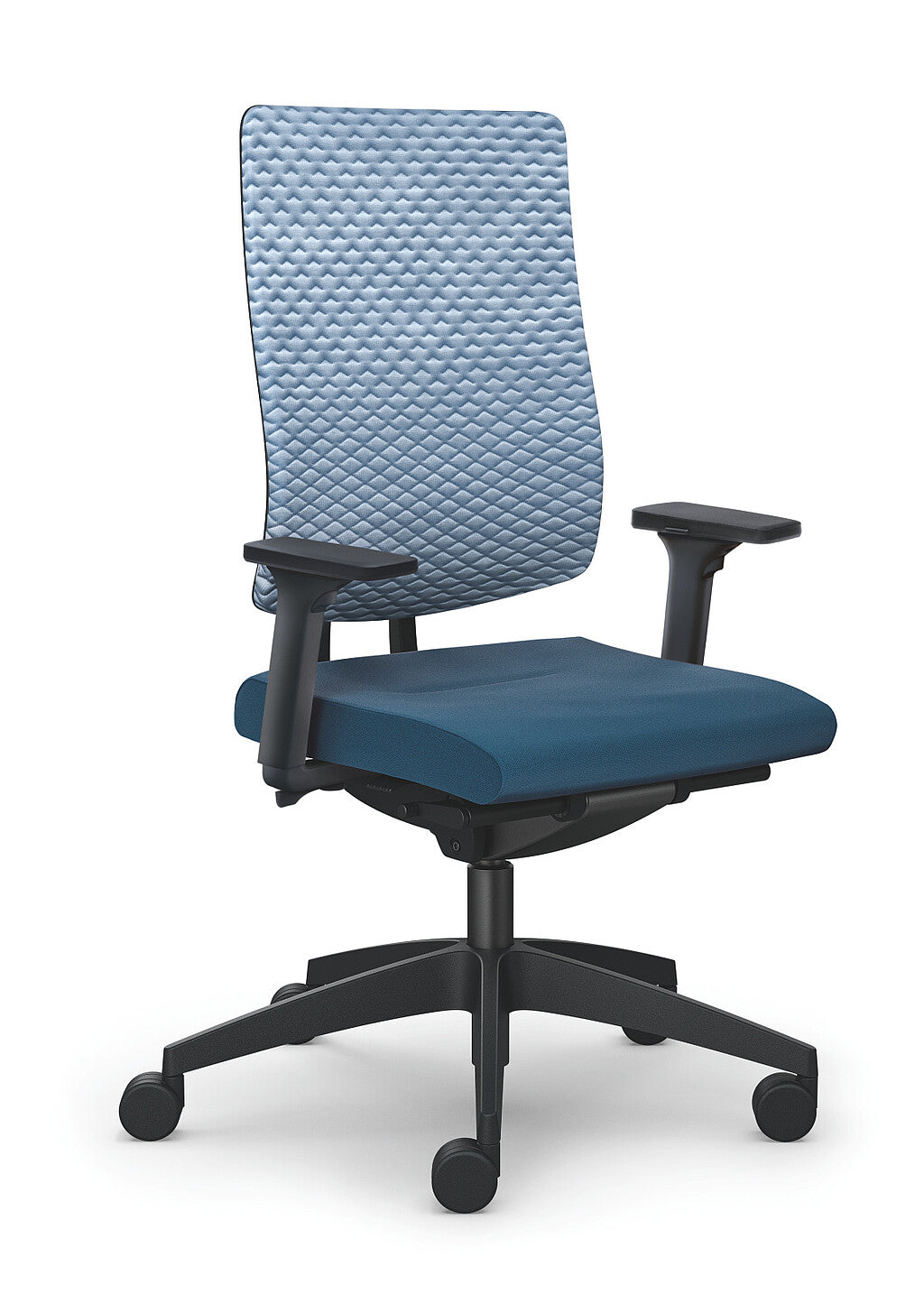 Ergonomischer Bürostuhl black dot air: Bürostuhl mit blauer gepolsterter Sitzfläche und atmungsaktivem, strukturiertem Rücken.