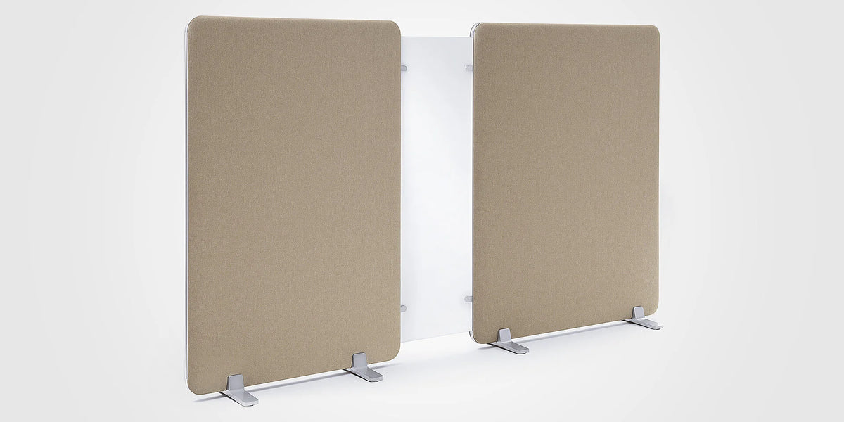 se:wall – Stellwände – Akustik-Trennwand in Beige mit silberfarbenem Gestell, bestehend aus zwei Paneelen und geeignet für Büroumgebungen.