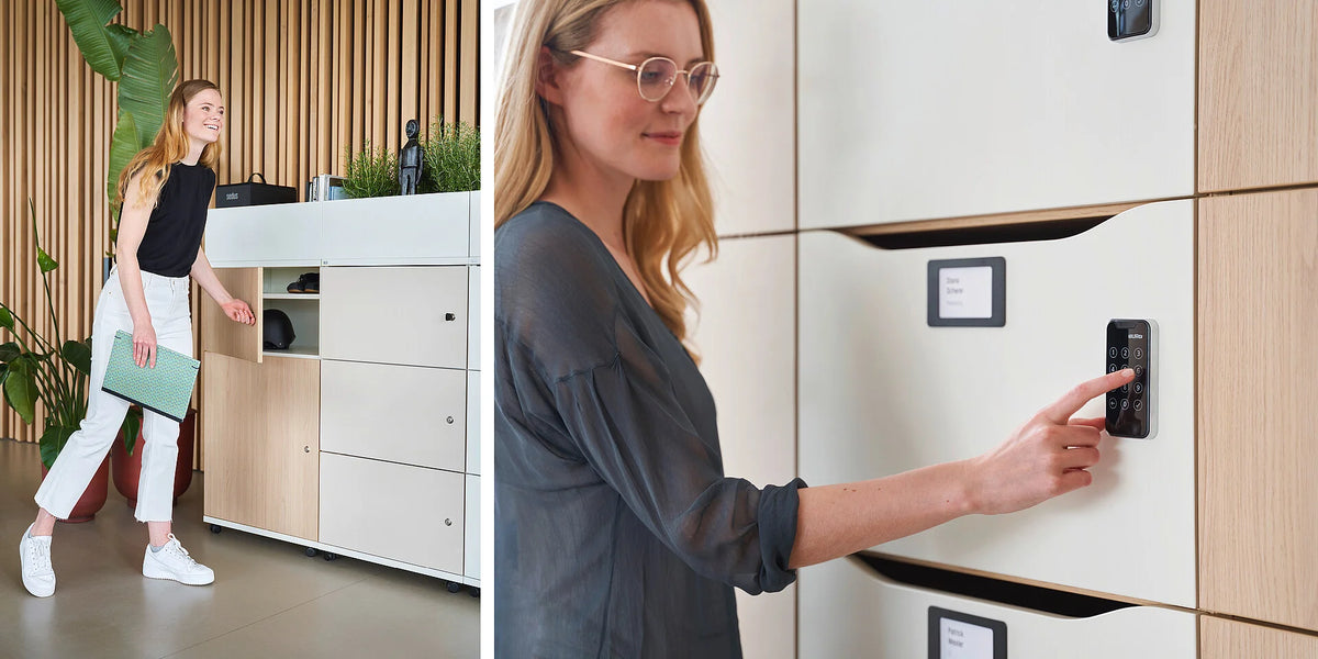 grand slam locker – Schliessfachschrank – Modularer Aufbewahrungsschrank mit Fächern, Person öffnet ein Fach mit digitalem Schloss. Pflanzen im Hintergrund.