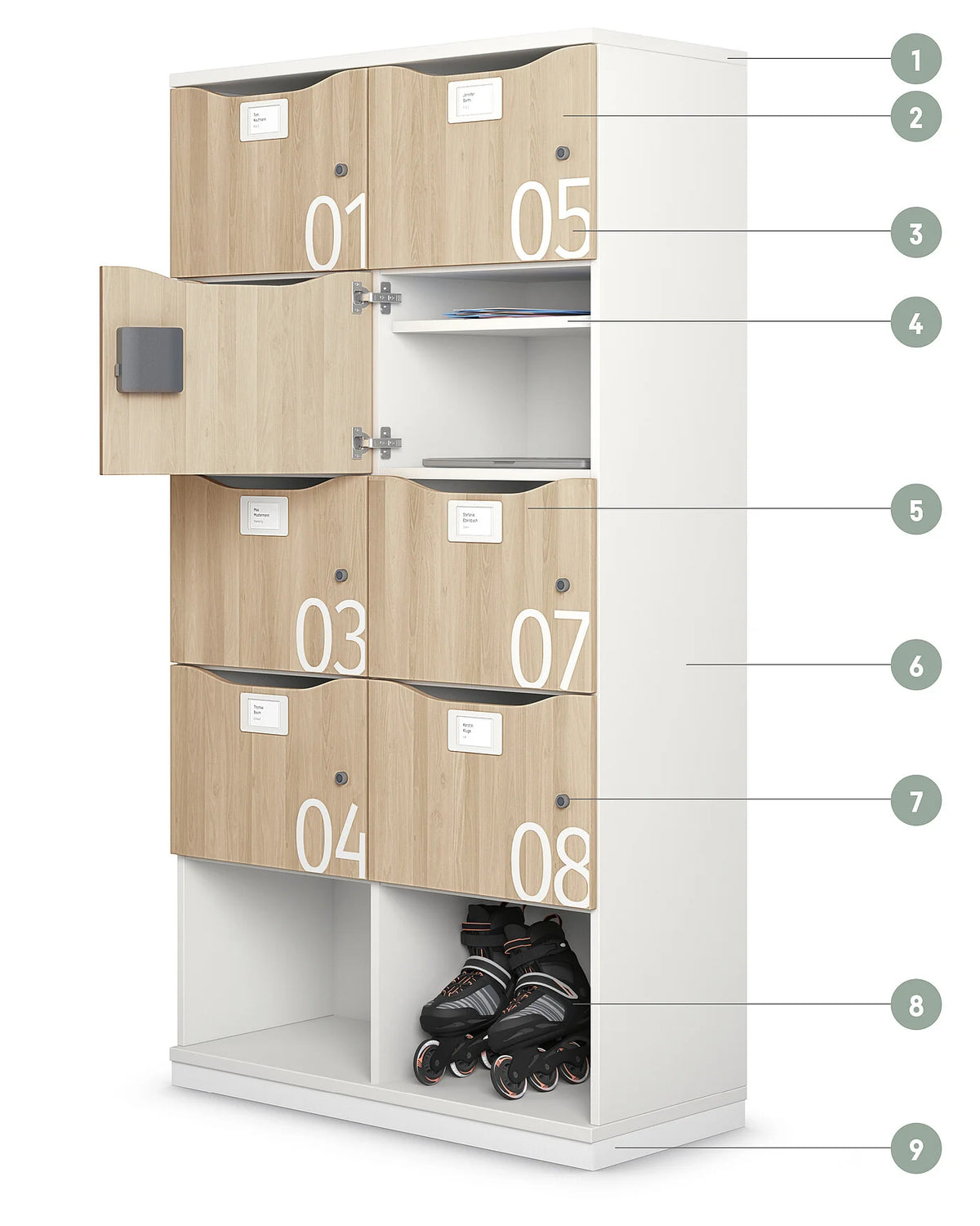 Schliessfachschrank grand slam locker: Schliessfachschrank mit weissem Korpus und Holzfronten, drei offene Fächer, darunter Rollschuhe.