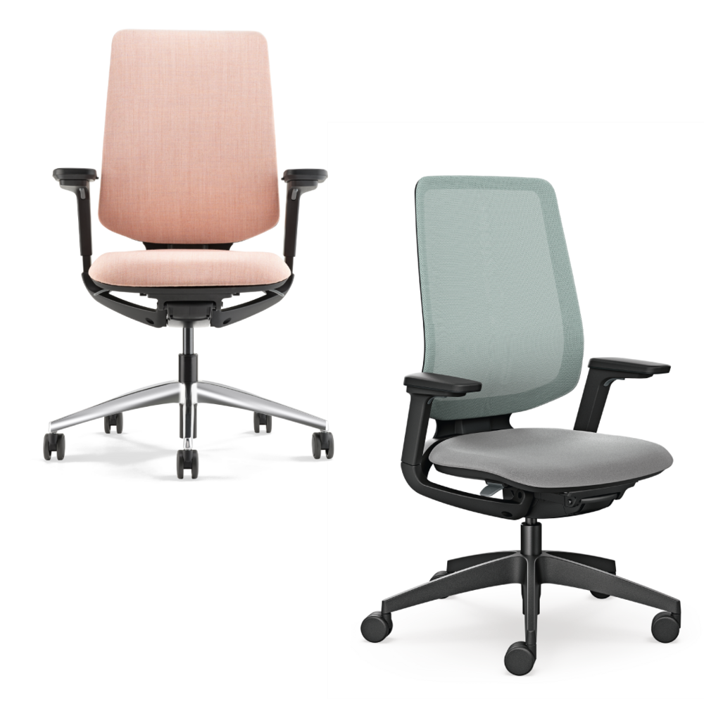 se:flex – ergonomischer Bürostuhl – Zwei Bürostühle: links mit rosa Bezug und verchromtem Gestell, rechts mit grauem Bezug und schwarzem Gestell.