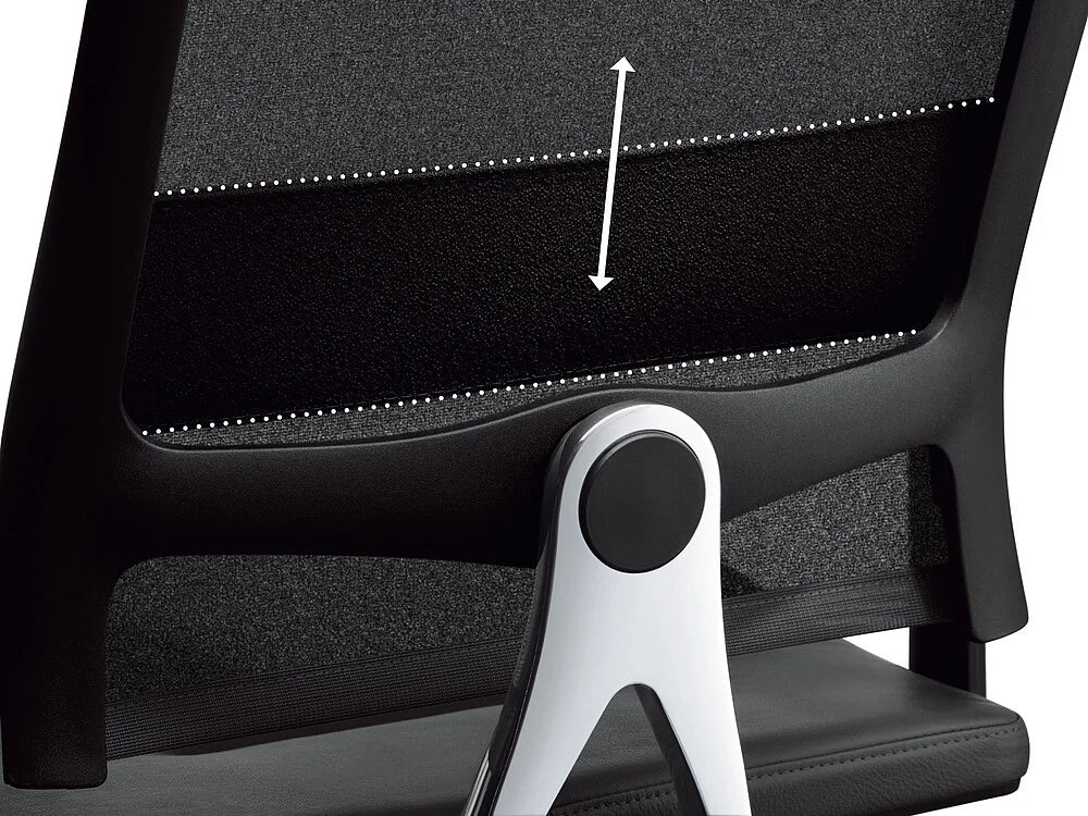 open-up – ergonomischer Bürostuhl – Rückenlehne eines Bürostuhls mit verstellbaren Elementen, schwarzes Textil und graues Gestell.