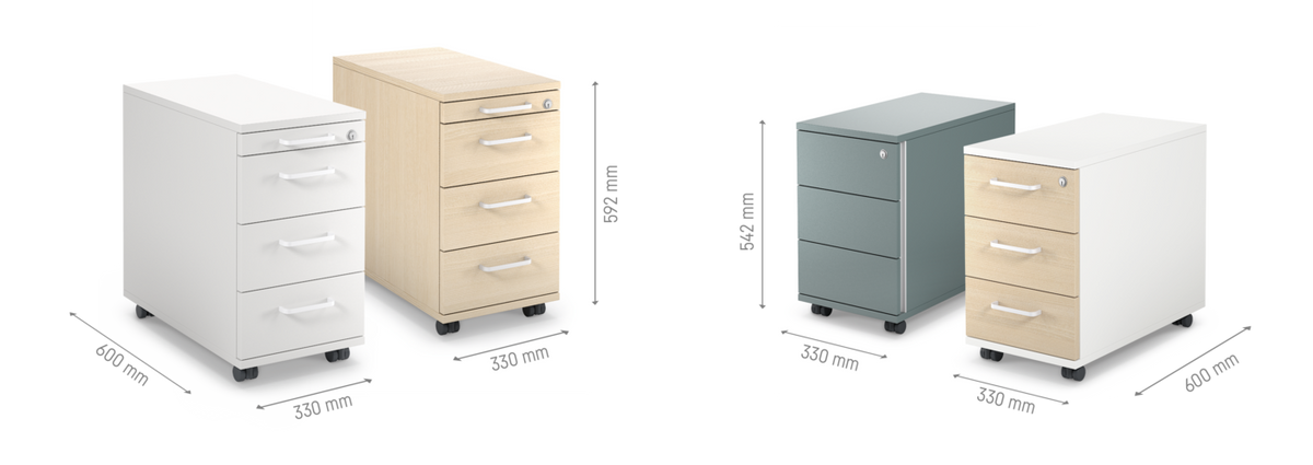 Stand- und Rollcontainer Schmalcontainer: Vier rollbare Büroschubladen aus unterschiedlichen Materialien: Weiss, Holz, Grau und kombinierte Farben.