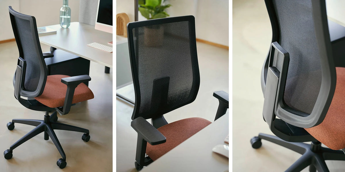 se:do pro 2 – ergonomischer Bürostuhl – Drehstuhl mit schwarzem Netzrücken und braunem Polstersitz, mit Armlehnen und Rollen, in einem modernen Büroumfeld.