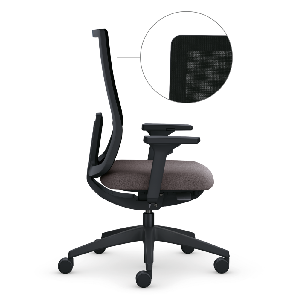 Ergonomischer Bürostuhl se:do pro 2: Drehbarer Bürostuhl mit verstellbaren Armlehnen, grauer Polsterung und schwarzem Gestell. Detailansicht der Rückenlehne.