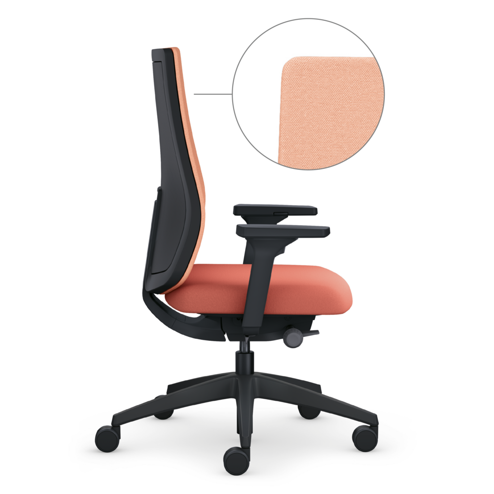 Ergonomischer Bürostuhl se:do pro 2: Drehstuhl mit schwarzem Gestell und rot-orangefarbener Polsterung, Armlehnen und ergonomischer Rückenlehne.