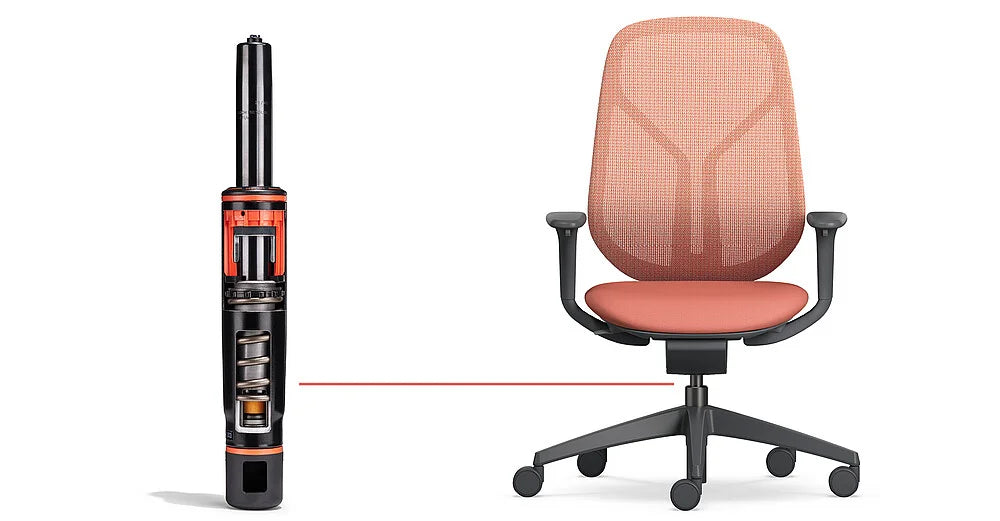 se:kit – ergonomischer Bürostuhl – Bürostuhl mit rotem Netzbezug und schwarzem Gestell, neben einem vergrösserten Stuhlmechanismus in schwarz und orange.