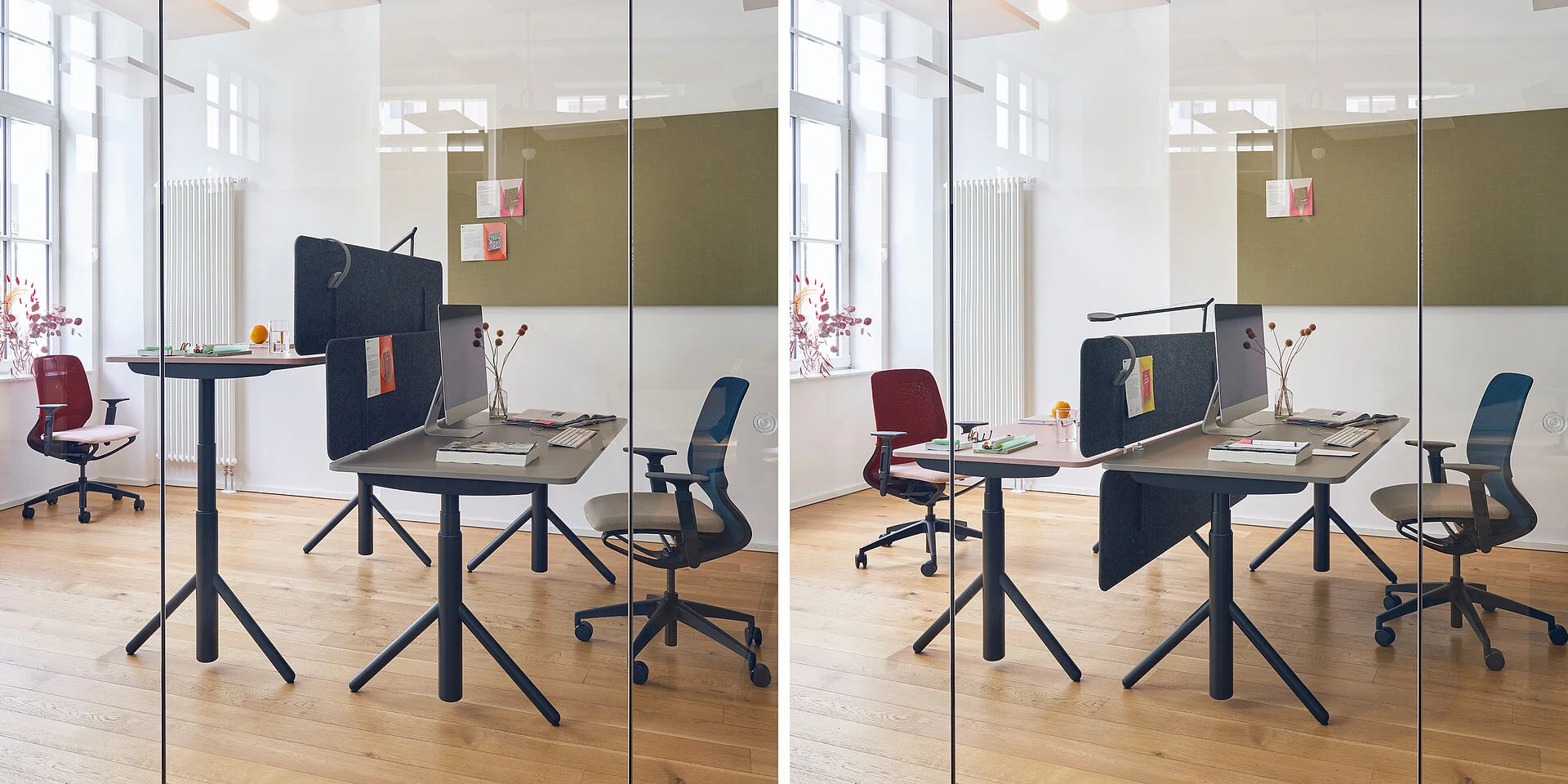 se:lab e-desk A – elektrisch höhenverstellbarer Schreibtisch – Moderne Büroeinrichtung mit zwei Schreibtischen und Stühlen, eine Trennwand und Pflanzen auf dem Tisch.