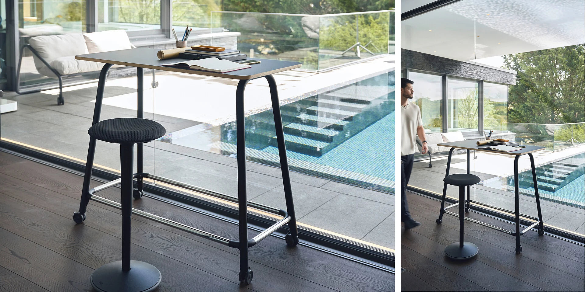 se:lab high desk – Hochtisch – Höhenverstellbarer Stehtisch mit Holzplatte, schwarz lackiertes Gestell, in moderner Umgebung mit Blick auf den Pool.
