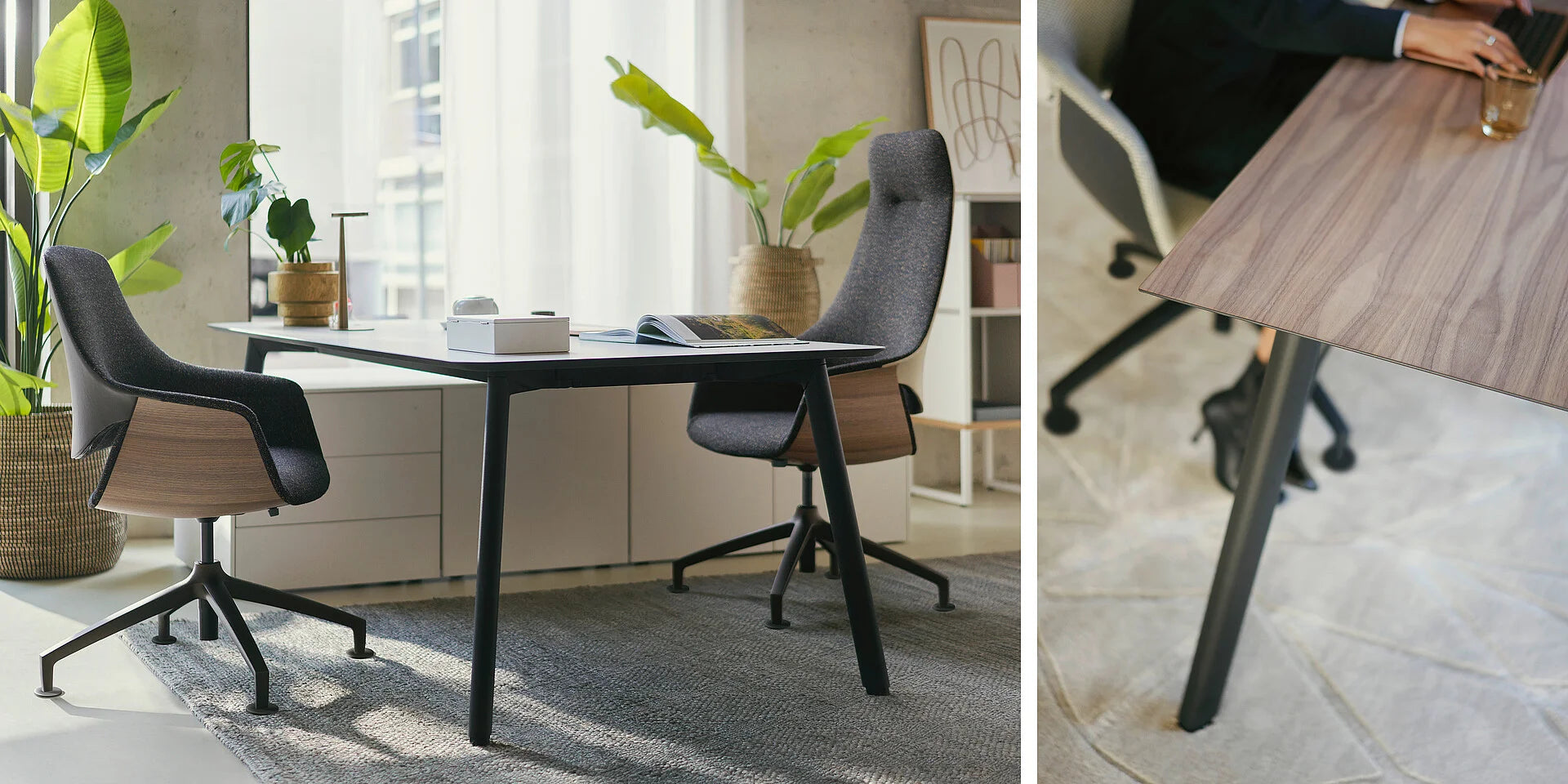 se:vision desk & storage – Schreibtisch mit Stauraum – Bürotisch mit schwarzem Gestell und Holzoberfläche, dazu zwei Stühle in Grau. Pflanzen im Hintergrund, moderne Büroumgebung.