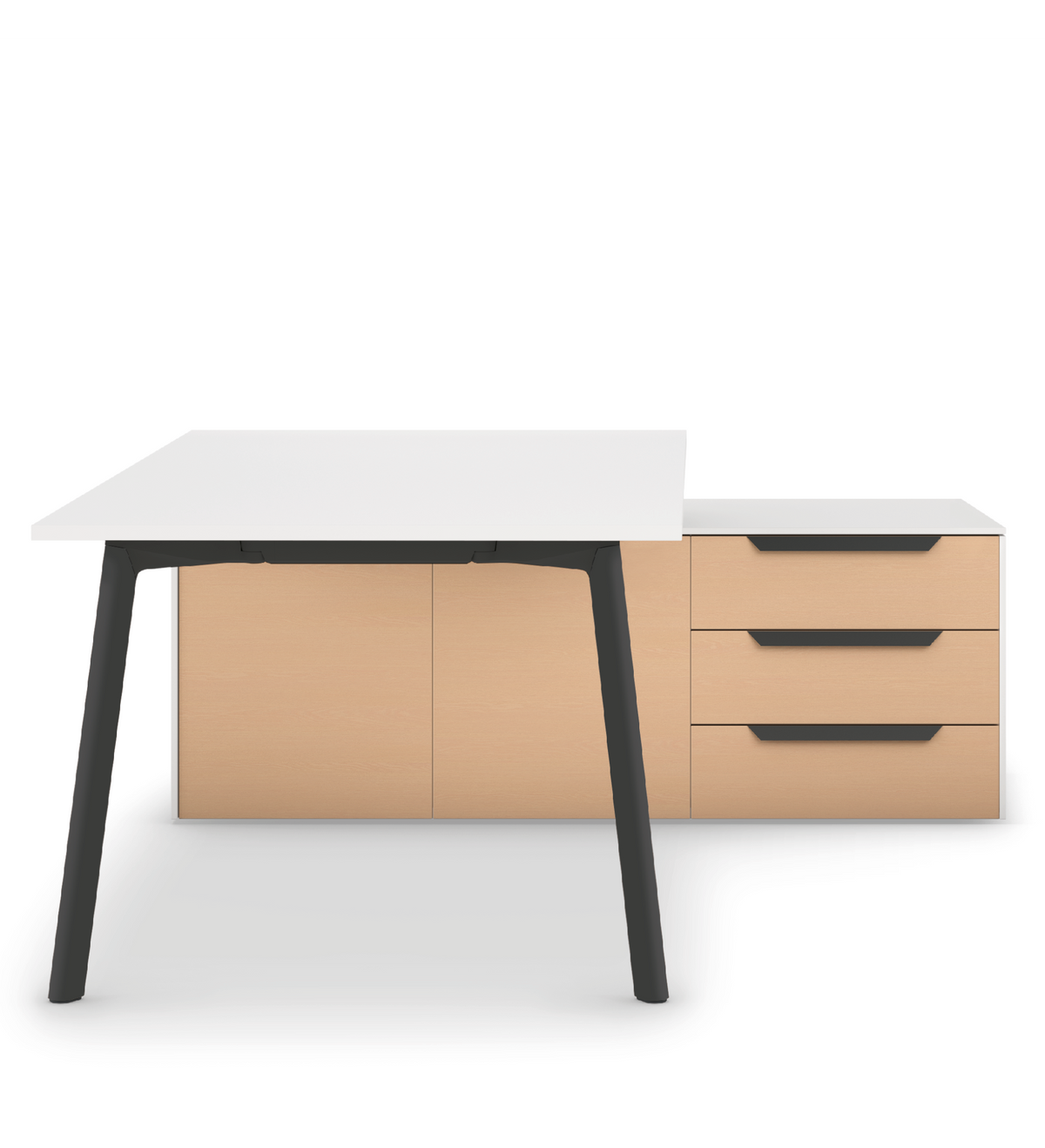 Schreibtisch mit Stauraum se:vision desk & storage: Moderner Schreibtisch mit weisser Tischplatte und schwarz-grauem Gestell, kombiniert mit einem funktionalen, hellen Sideboard.