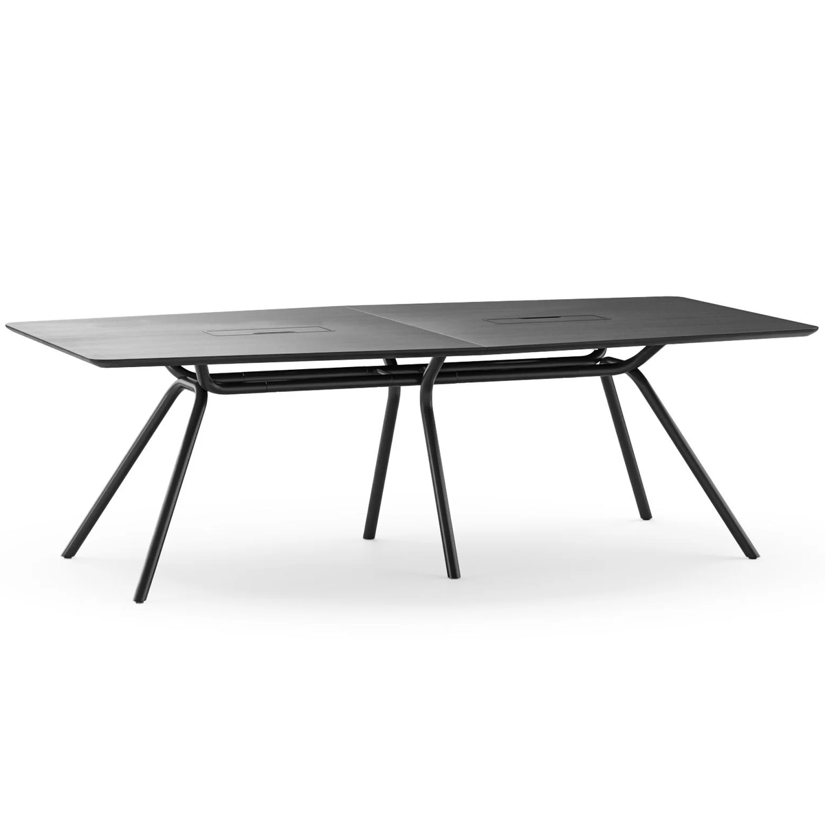 Konferenztisch | Arqus – Konferenztisch – Schwarzer Konferenztisch mit zwei Tischplatten und stabilen schwarzen Metallbeinen.