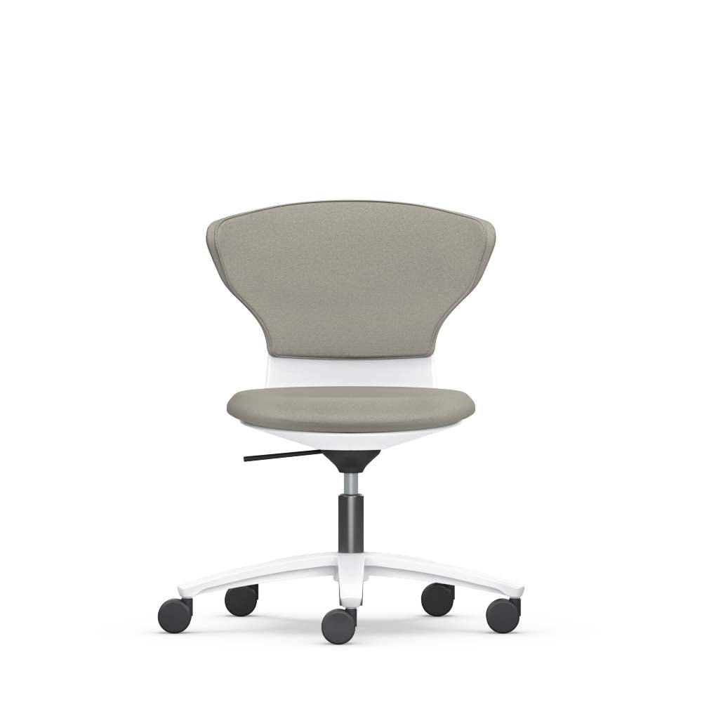 turn around – Drehstuhl – Bürostuhl mit grauem Bezug und weißem Gestell, auf fünf Rollen, mit höhenverstellbarem Sitz und ergonomisch geformter Rückenlehne.
