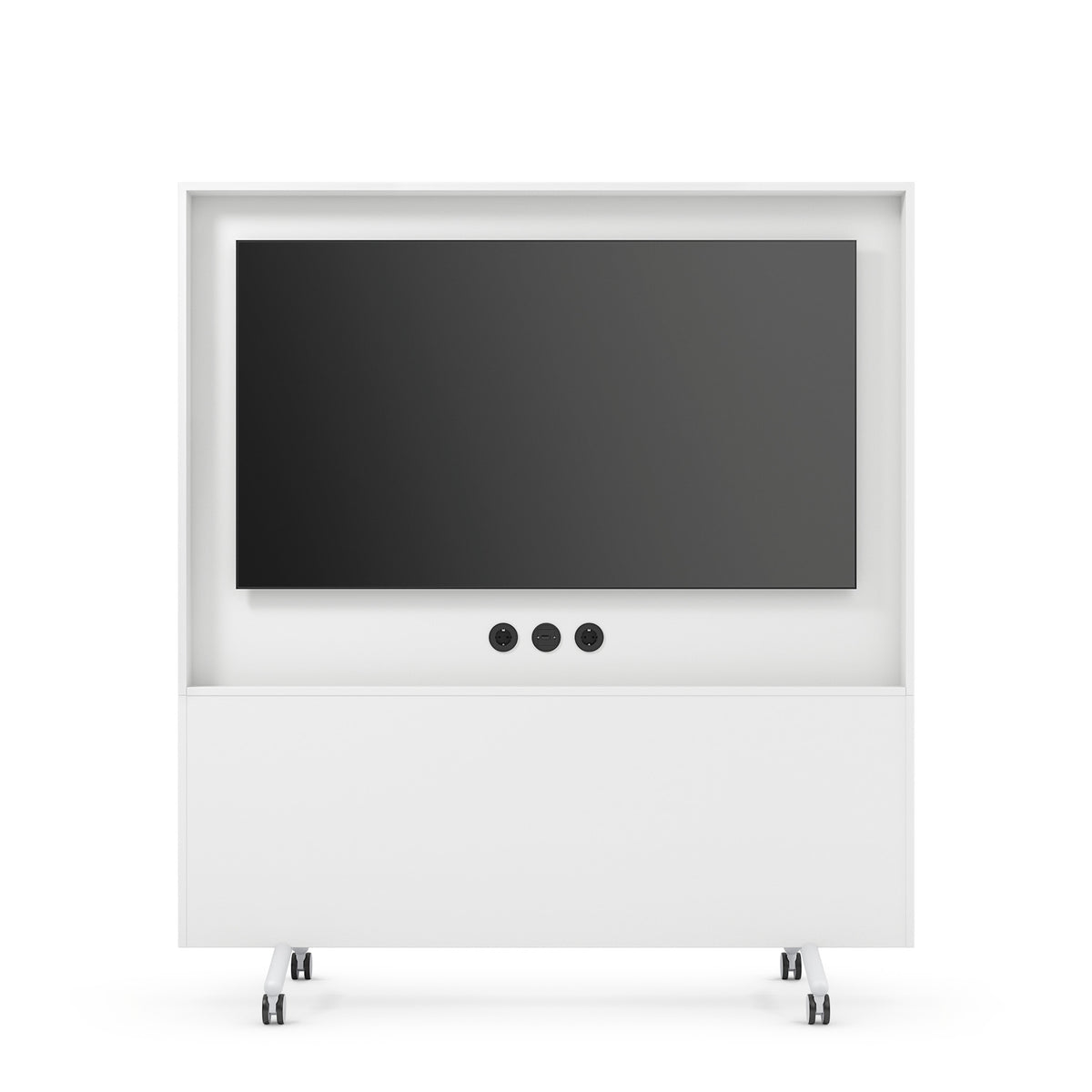 se:lab monitor wall – Monitorwand – Mobiler TV-Schrank in Weiss mit integriertem Bildschirm und Steckdosen. Rollen für einfache Beweglichkeit.