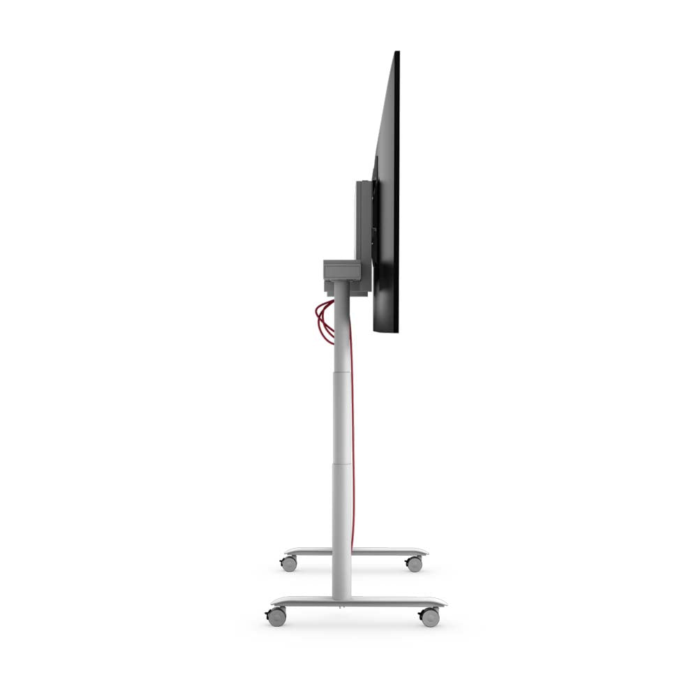 se:lab monitor caddy – Monitor Caddy – Mobiler TV-Ständer mit einem großen Bildschirm, standfestes Gestell in Silber, Kabelverbindung sichtbar.